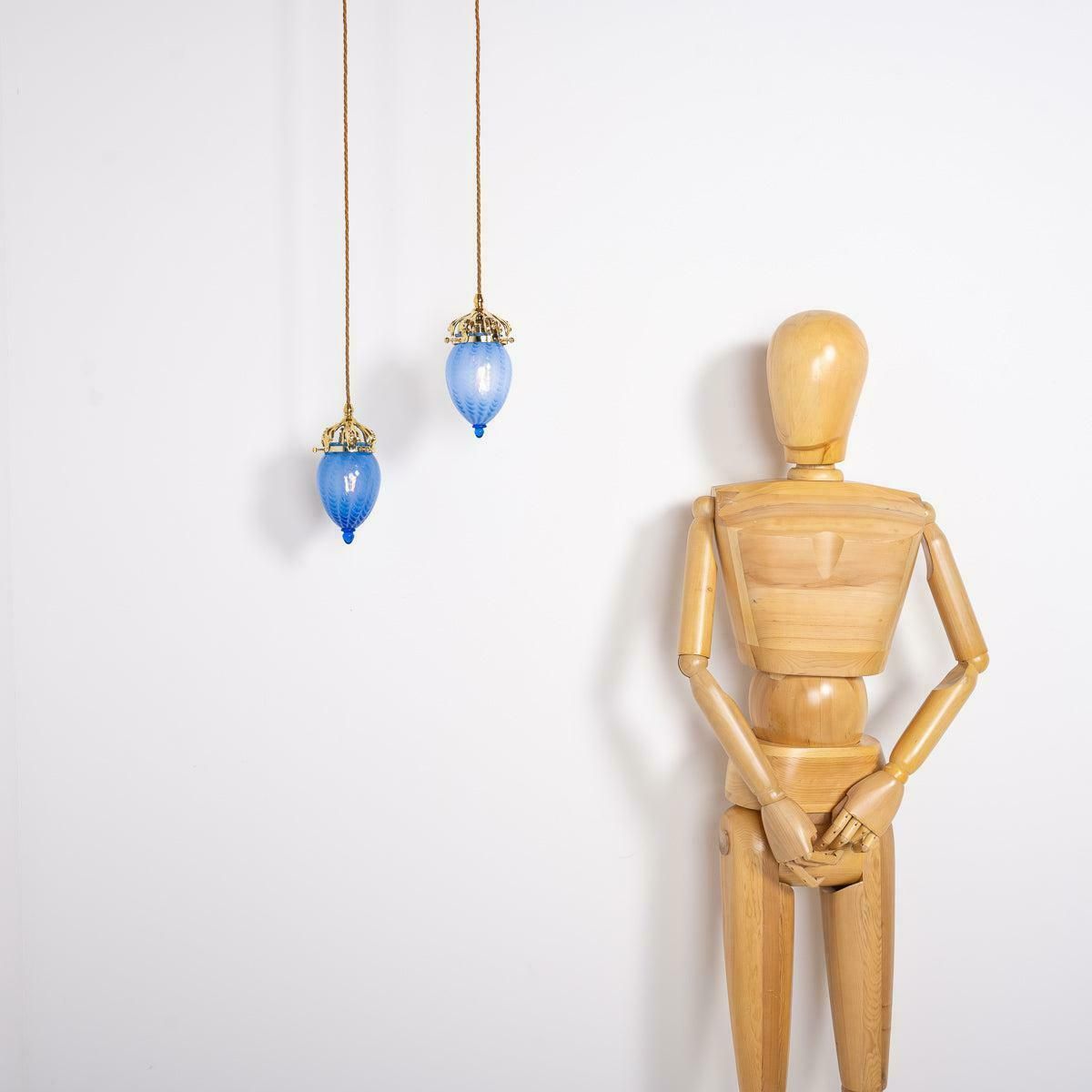 Art Nouveau Style Polished Brass & Blue Swirl Vaseline Glass Acorn Shades photo for sale