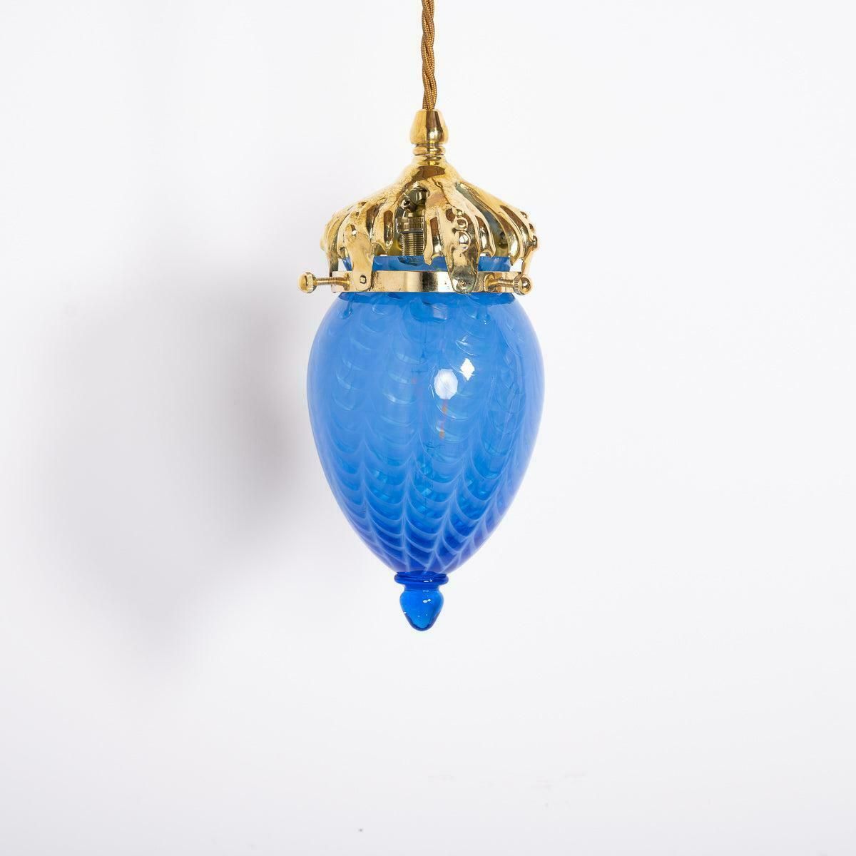 Art Nouveau Style Polished Brass & Blue Swirl Vaseline Glass Acorn Shades photo buy