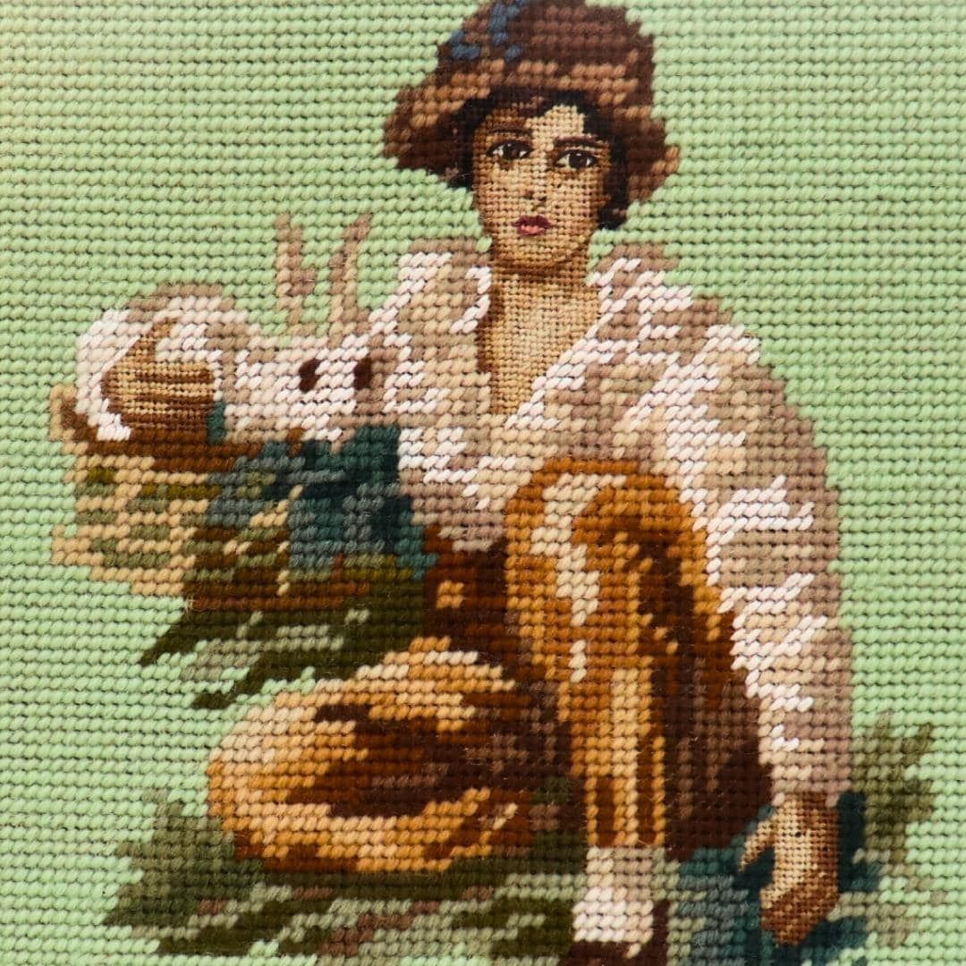 Old Needle Point Wooden Golden Frame Kid With Rabbit After Oil Painting By Sir Henry Raerburn, Cottage Core Wall Decor photo for sale
