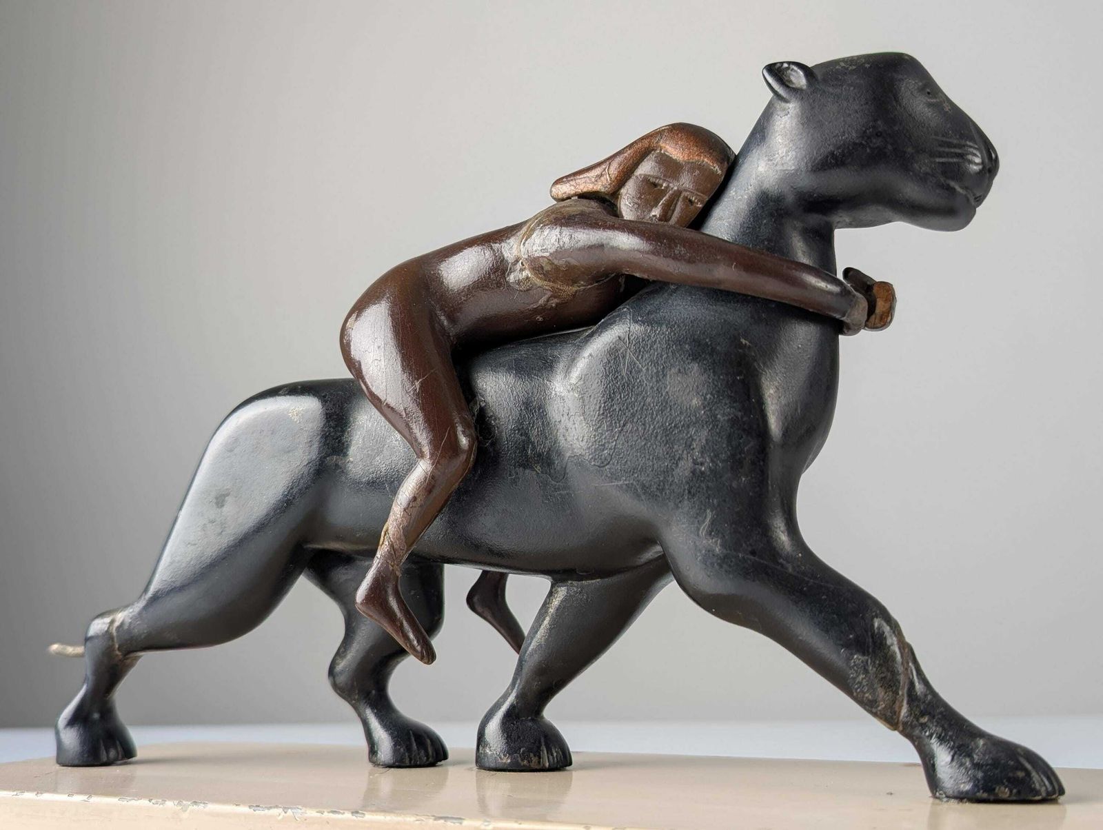 Ariadne And The Panther, Art Deco Sculpture In Wood And Brass 1920s photo furniture