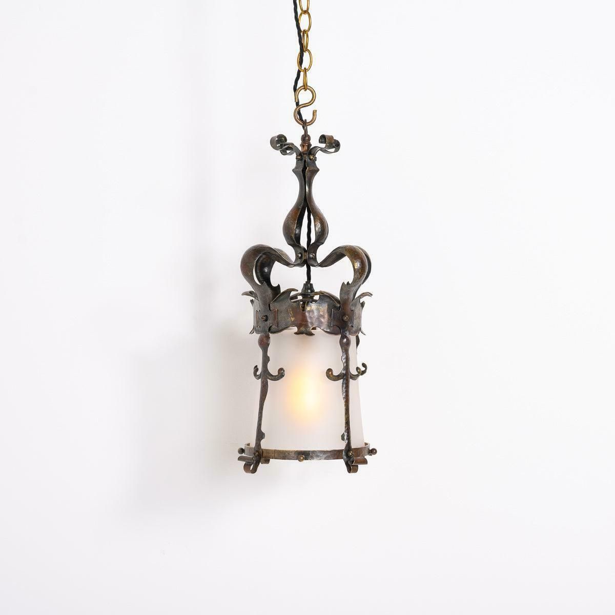 English Arts & Crafts Decorative Hall Lantern With Satin Glass Shade