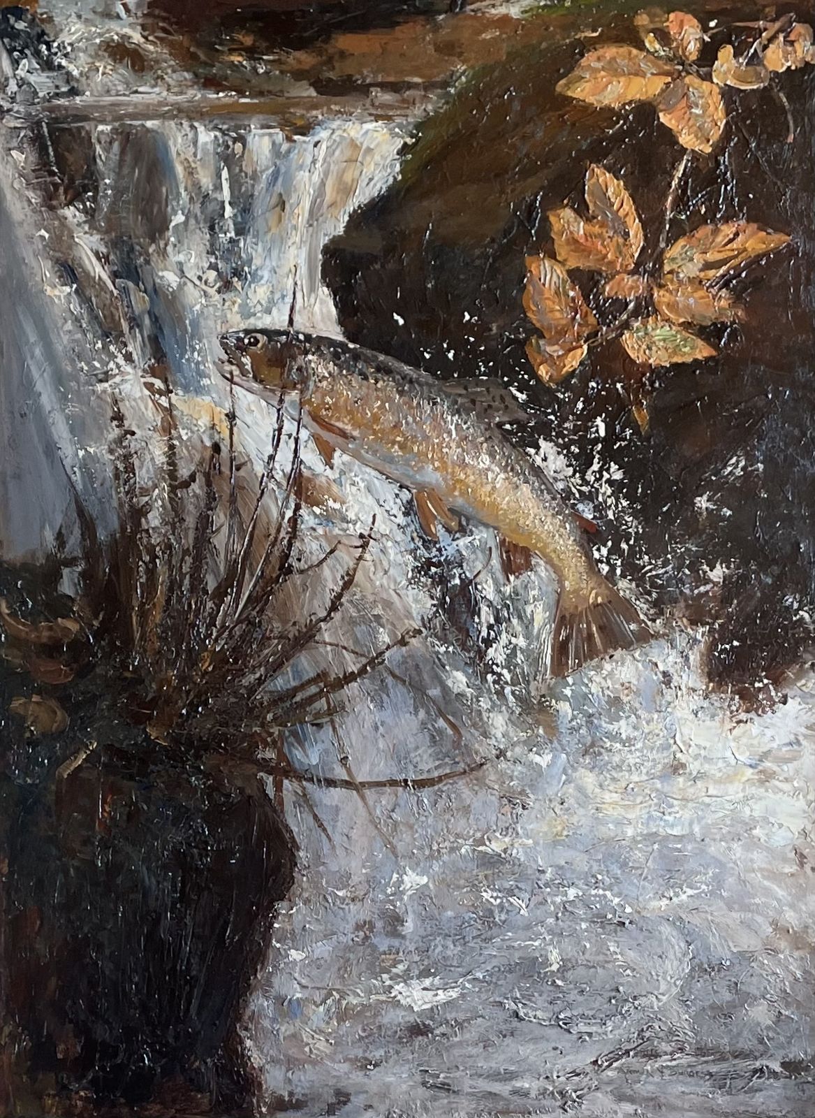 Arthur James Wetherall Burgess   Autumn Spate: Leaping Salmon   Early 20th Century British Oil Paintings photo furniture