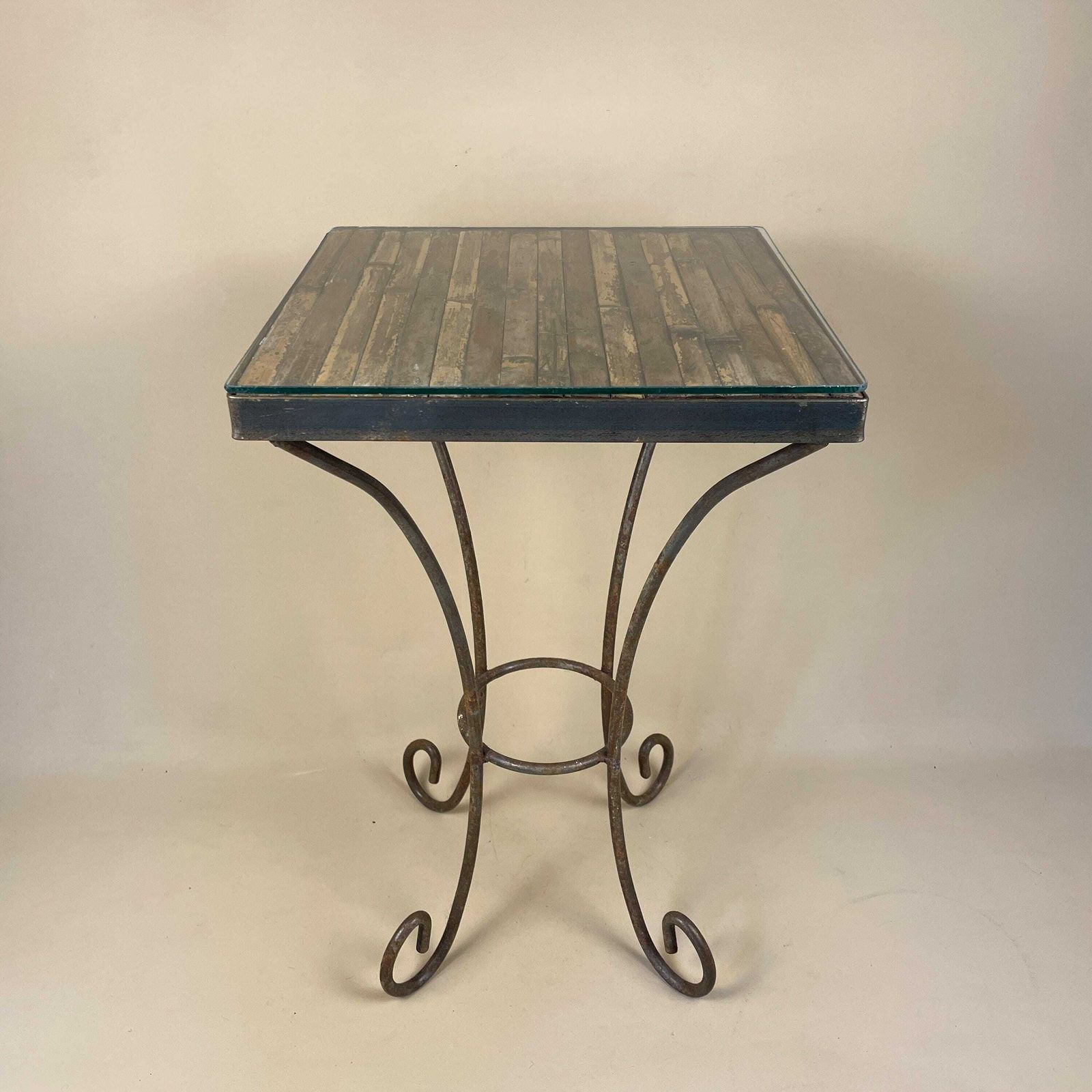 Bamboo Indoor / Outdoor Metal Base Coffee Table Vintage Boho Decorative Wood Glass Retro Brown Wood Wooden Square Antique Side photo furniture