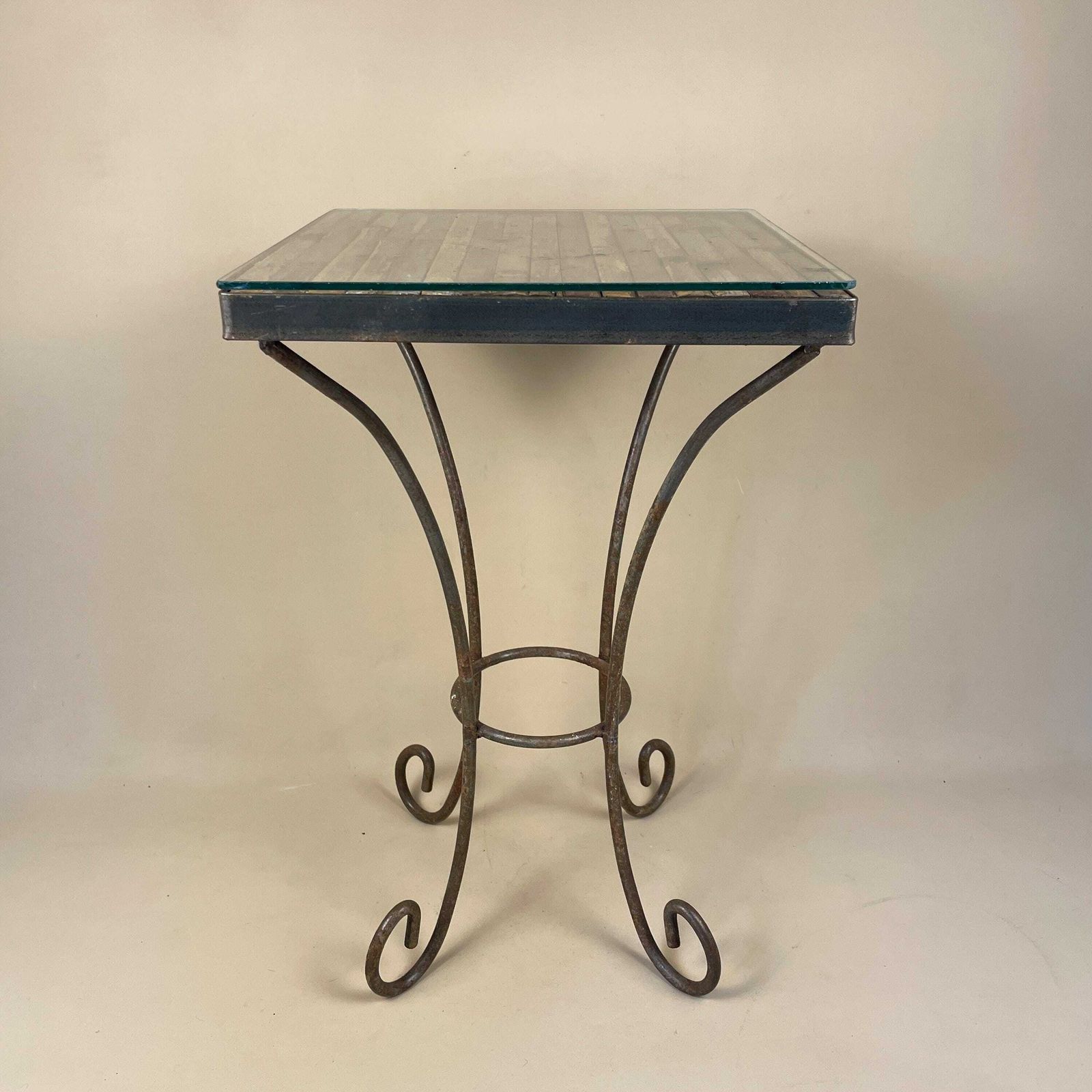 Bamboo Indoor / Outdoor Metal Base Coffee Table Vintage Boho Decorative Wood Glass Retro Brown Wood Wooden Square Antique Side photo for sale