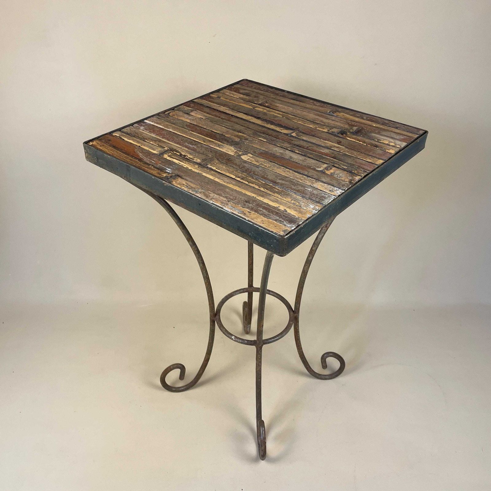 photo for sale Bamboo Indoor / Outdoor Metal Base Coffee Table Vintage Boho Decorative Wood Glass Retro Brown Wood Wooden Square Antique Side