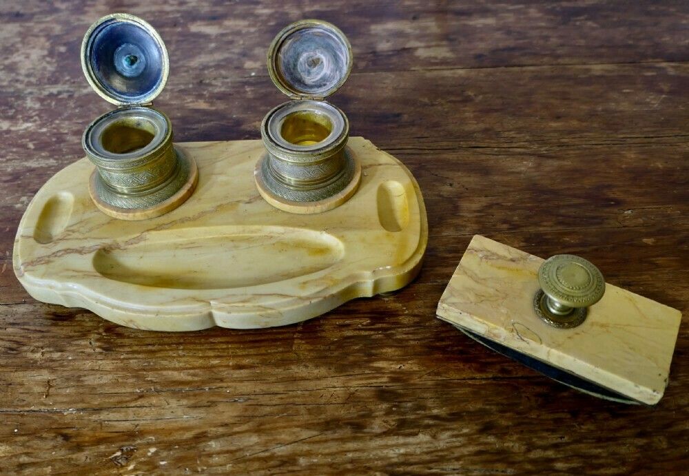 French Brass And Marble Desk Inkwell Stand photo Home Decor