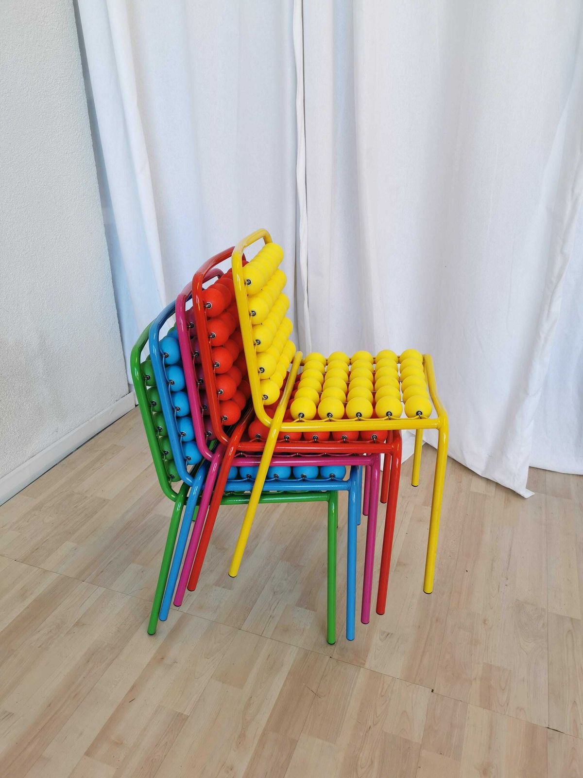 Set Of 5 Vintage Funky Pop Art Kids Chairs / Red Blue Yellow Pink Green Small Children Chair / Metal Base Plastic Balls / Slog Croatia 1980s photo buy