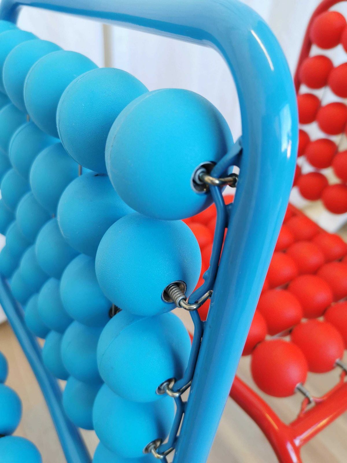 photo for sale Set Of 5 Vintage Funky Pop Art Kids Chairs / Red Blue Yellow Pink Green Small Children Chair / Metal Base Plastic Balls / Slog Croatia 1980s