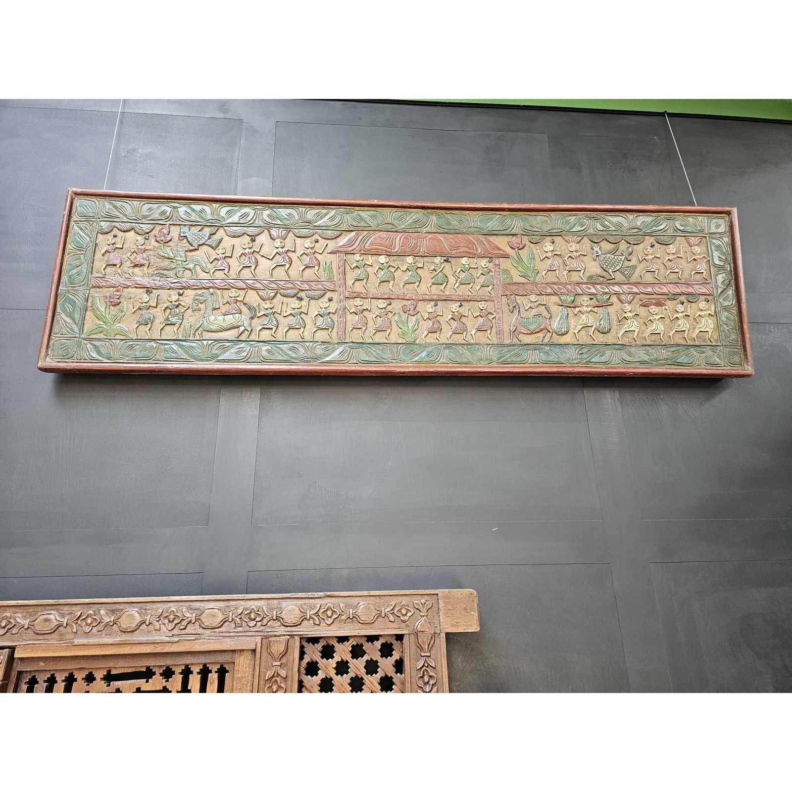 Antique Indian Teakwood Wall Decor (1800s) – Hand Painted Tribal & Animal Motif Artwork | Hand Carved Folk Art From India photo Art