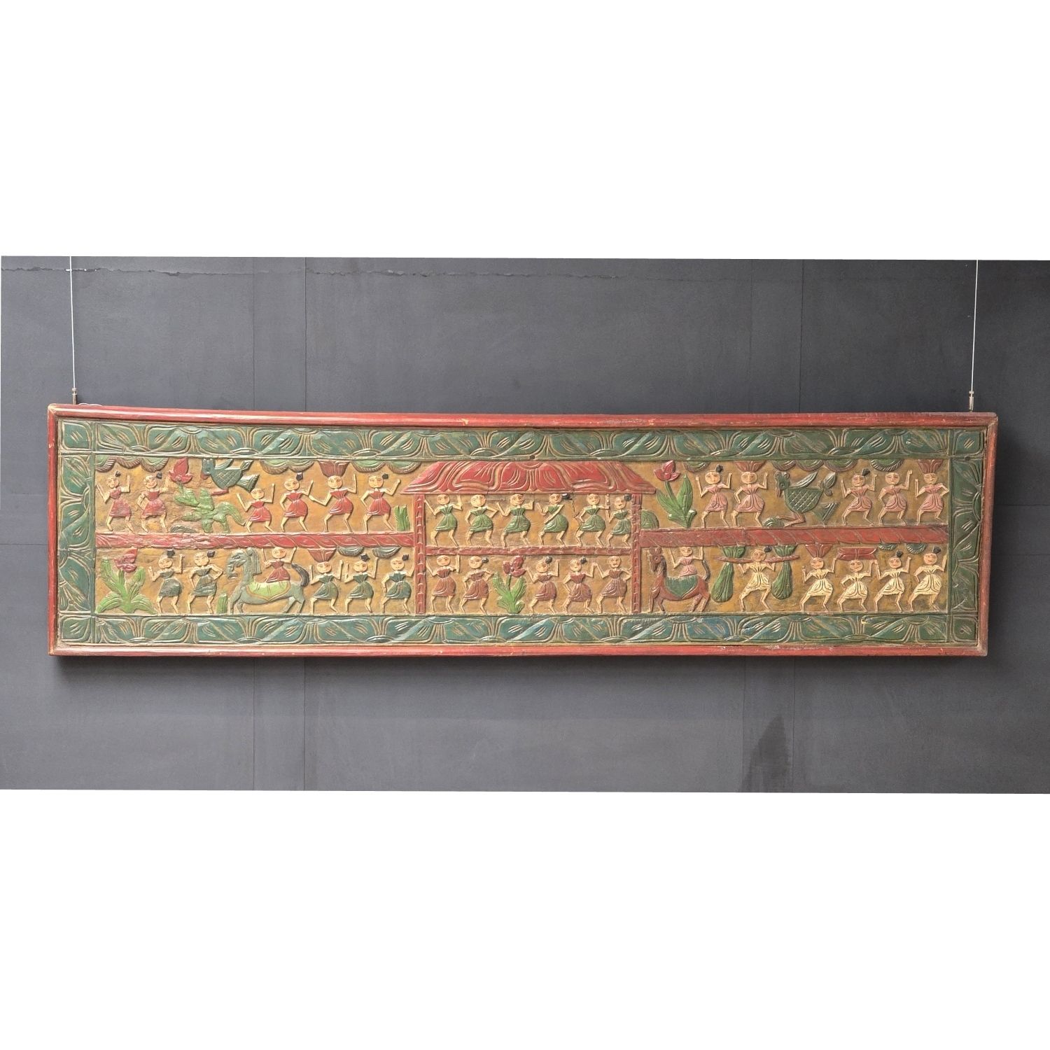 Antique Indian Teakwood Wall Decor (1800s) – Hand Painted Tribal & Animal Motif Artwork | Hand Carved Folk Art From India