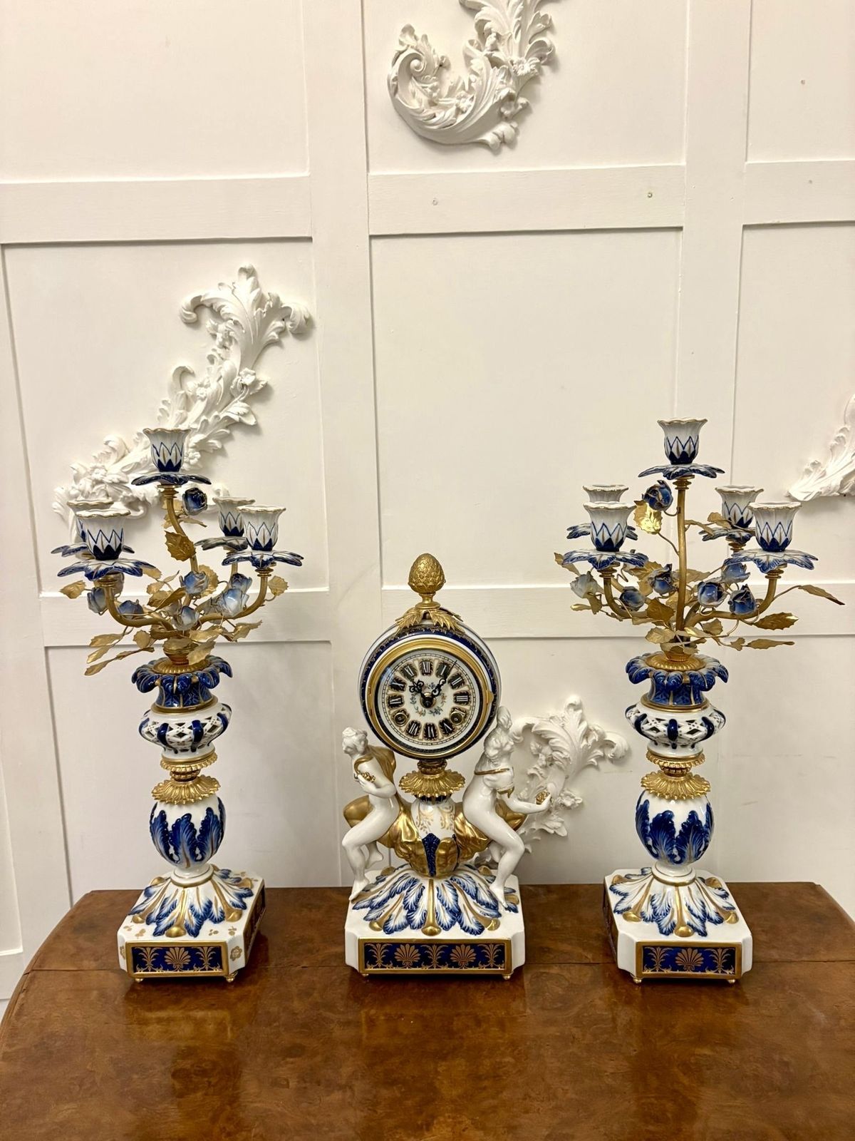 Outstanding Quality Large Antique 19th Century French Porcelain And Gilded Metal Clock Set photo vintage