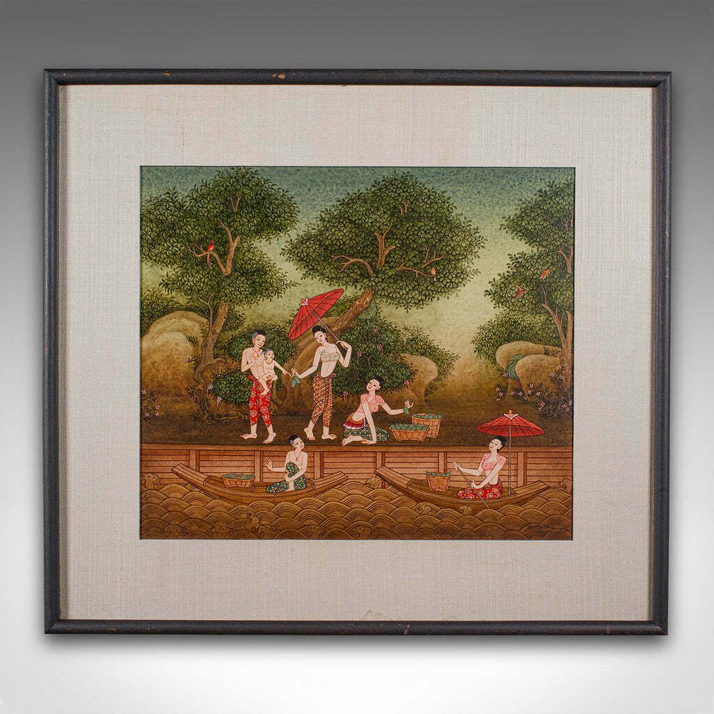 Vintage Far Eastern Painting, Thai, Framed Gouache, Folk Art, Female Figures photo furniture