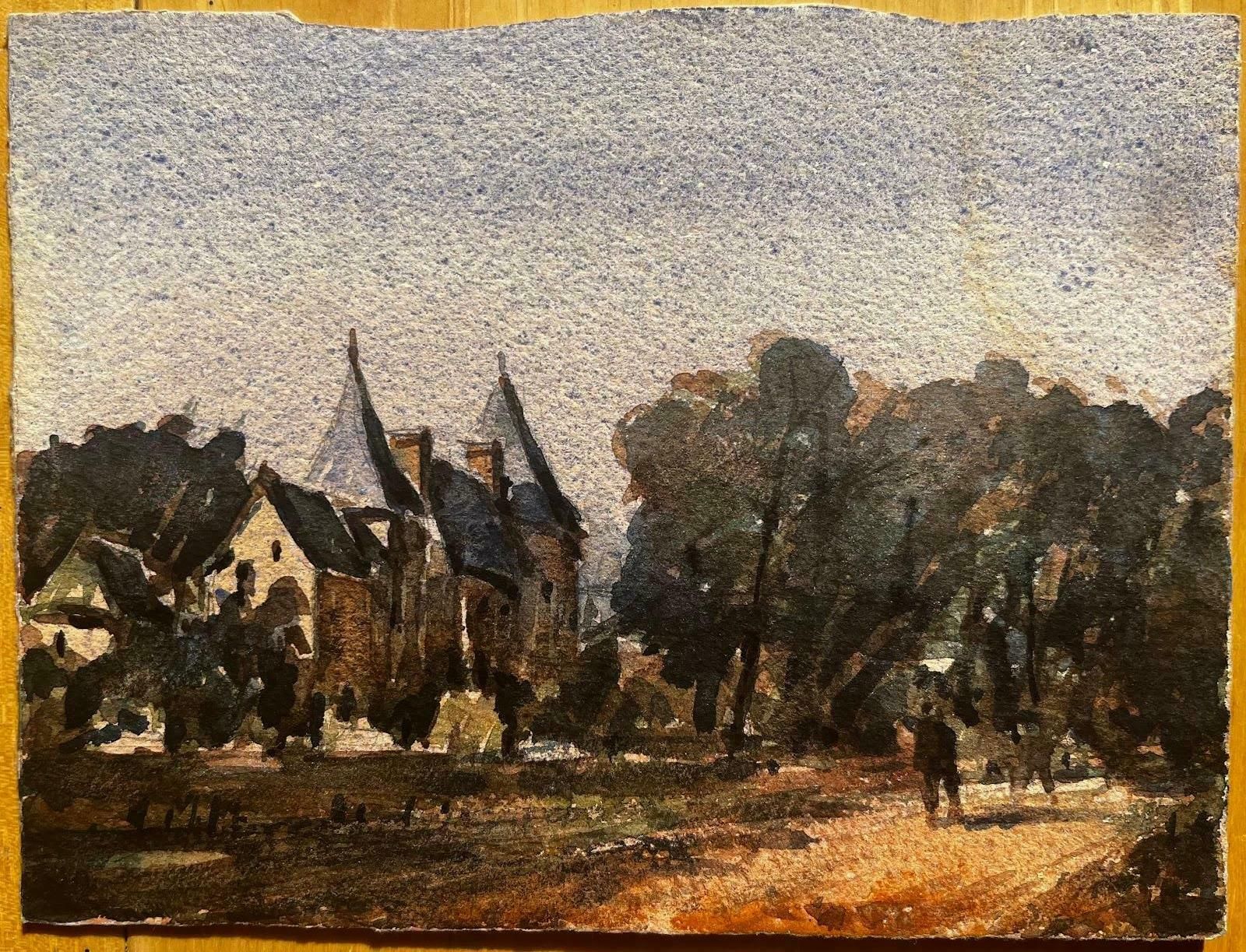 Unknownfrench Impressionist Watercolor Landscape   “Urban Scene With Bridge At Dawn"20th Century