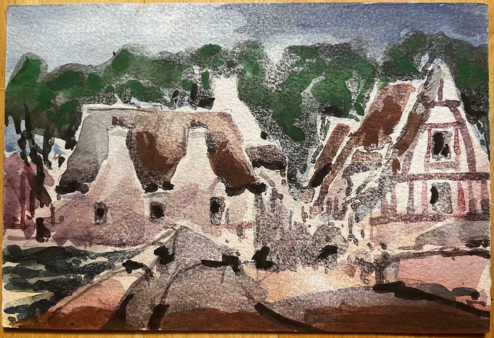Unknownfrench Impressionist Watercolor Landscape Rural Village Scene With Bridge20th Century