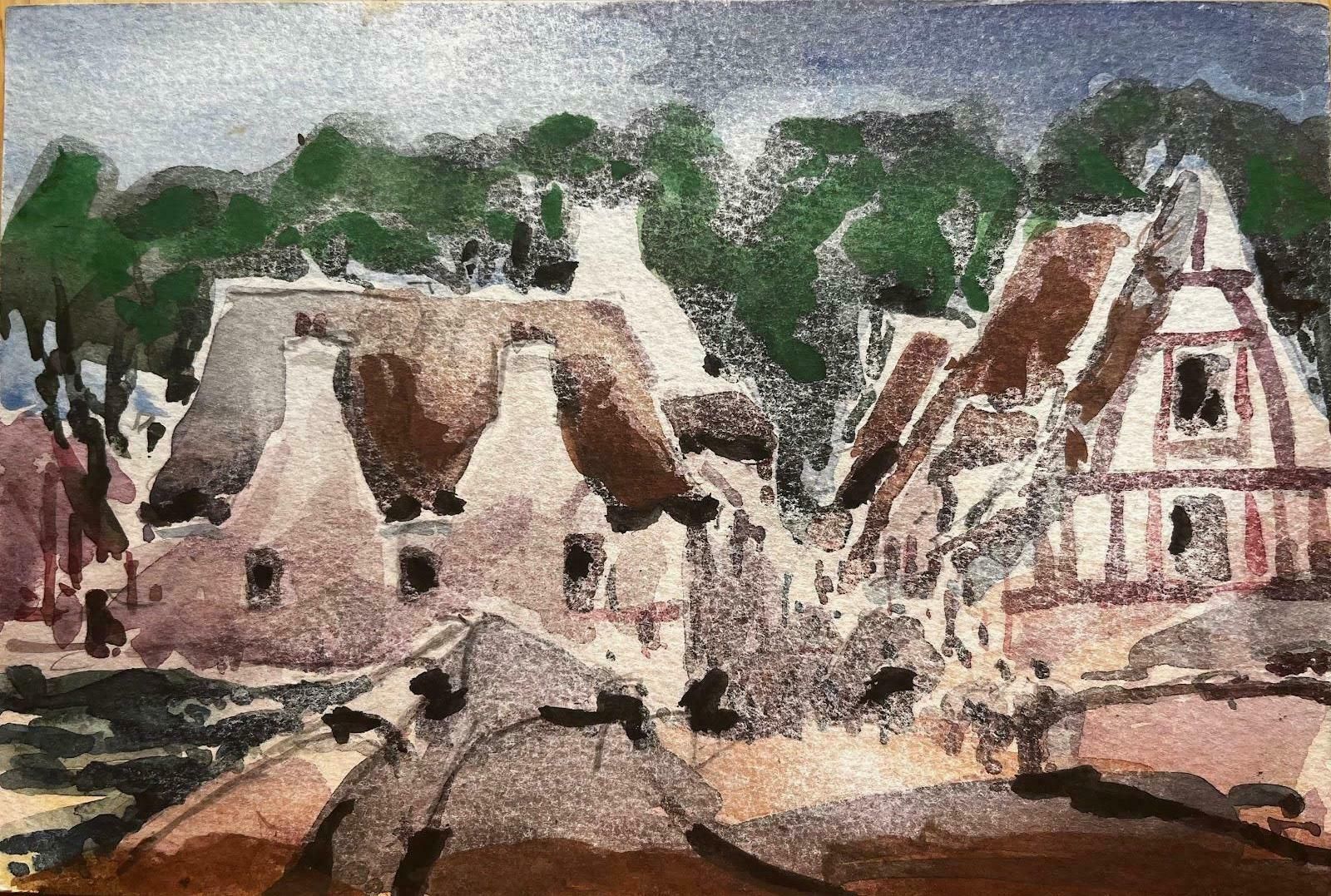 Unknownfrench Impressionist Watercolor Landscape Rural Village Scene With Bridge20th Century photo furniture