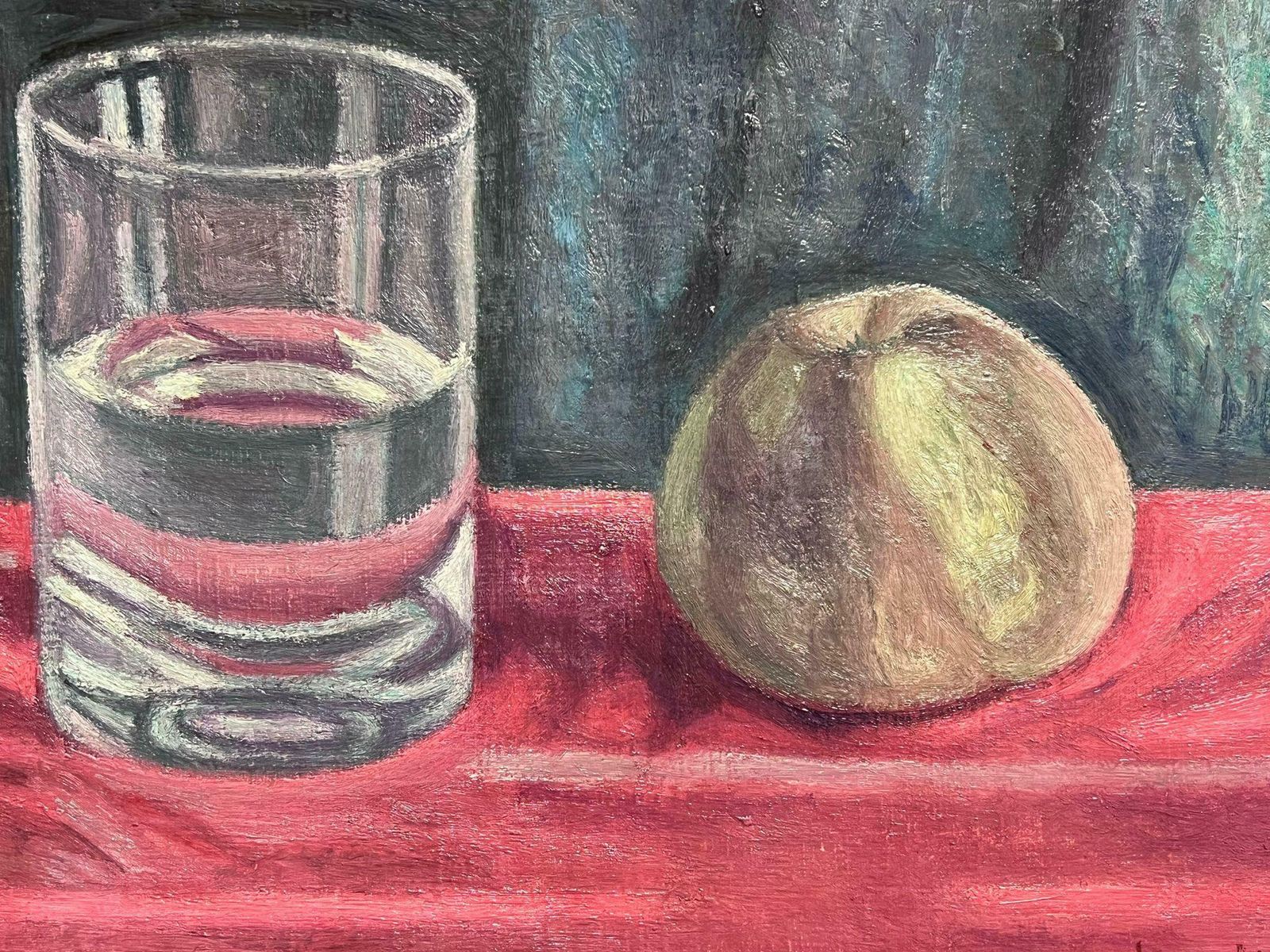 French Schoolpost Impressionist Signed Oil Still Life Apple & Water Glass 20th Century photo Art