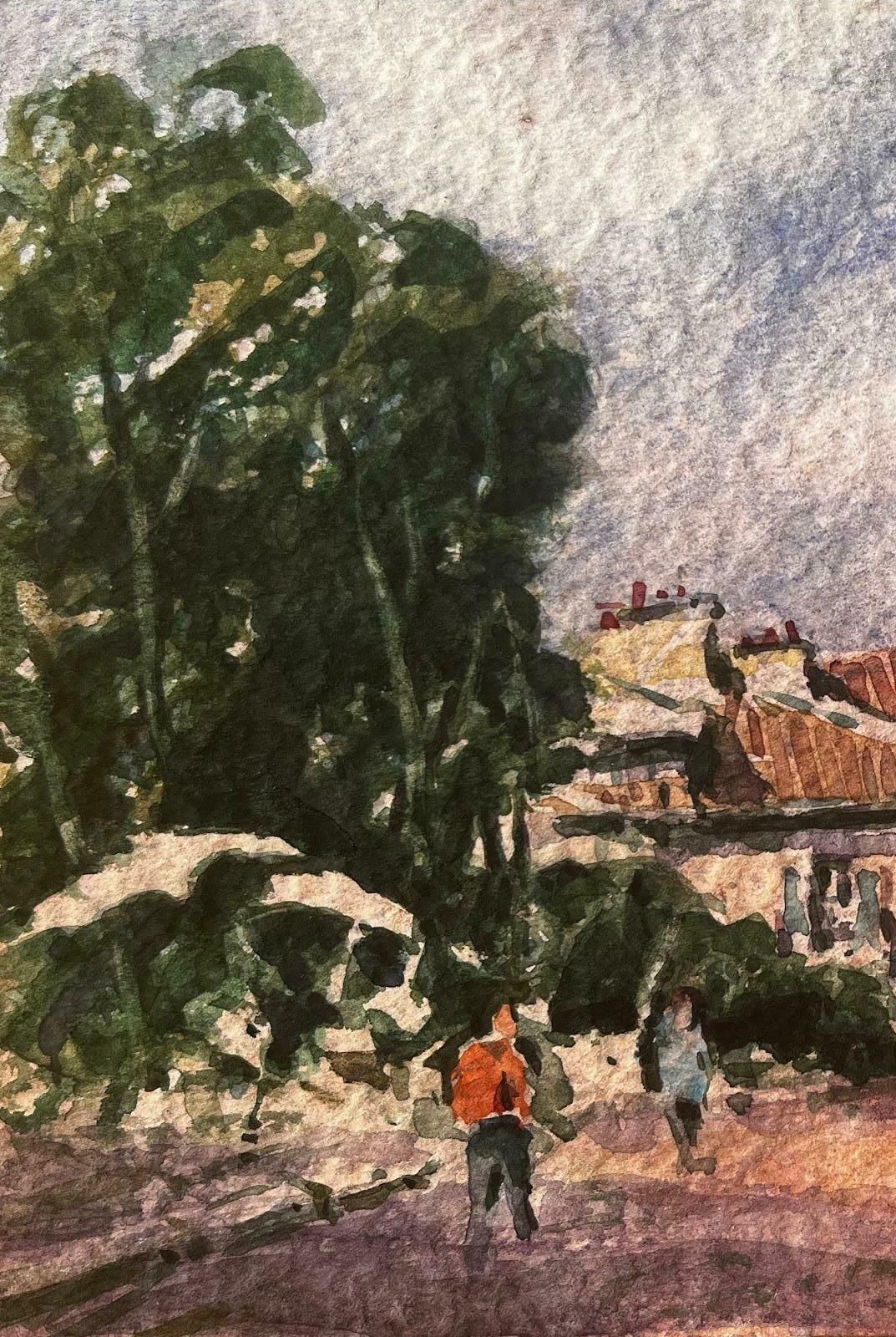 Unknownfrench Impressionist Watercolor Landscape Sunny Village Street With Figures20th Century photo furniture