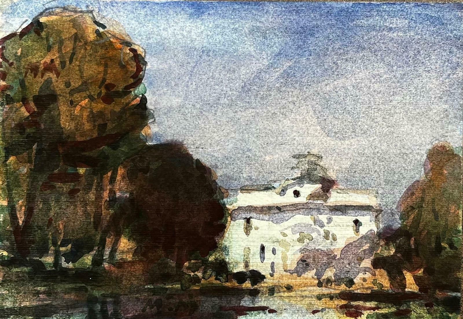 Unknownfrench Impressionist Watercolor Landscape Park Scene With White Grand Building20th Century photo furniture