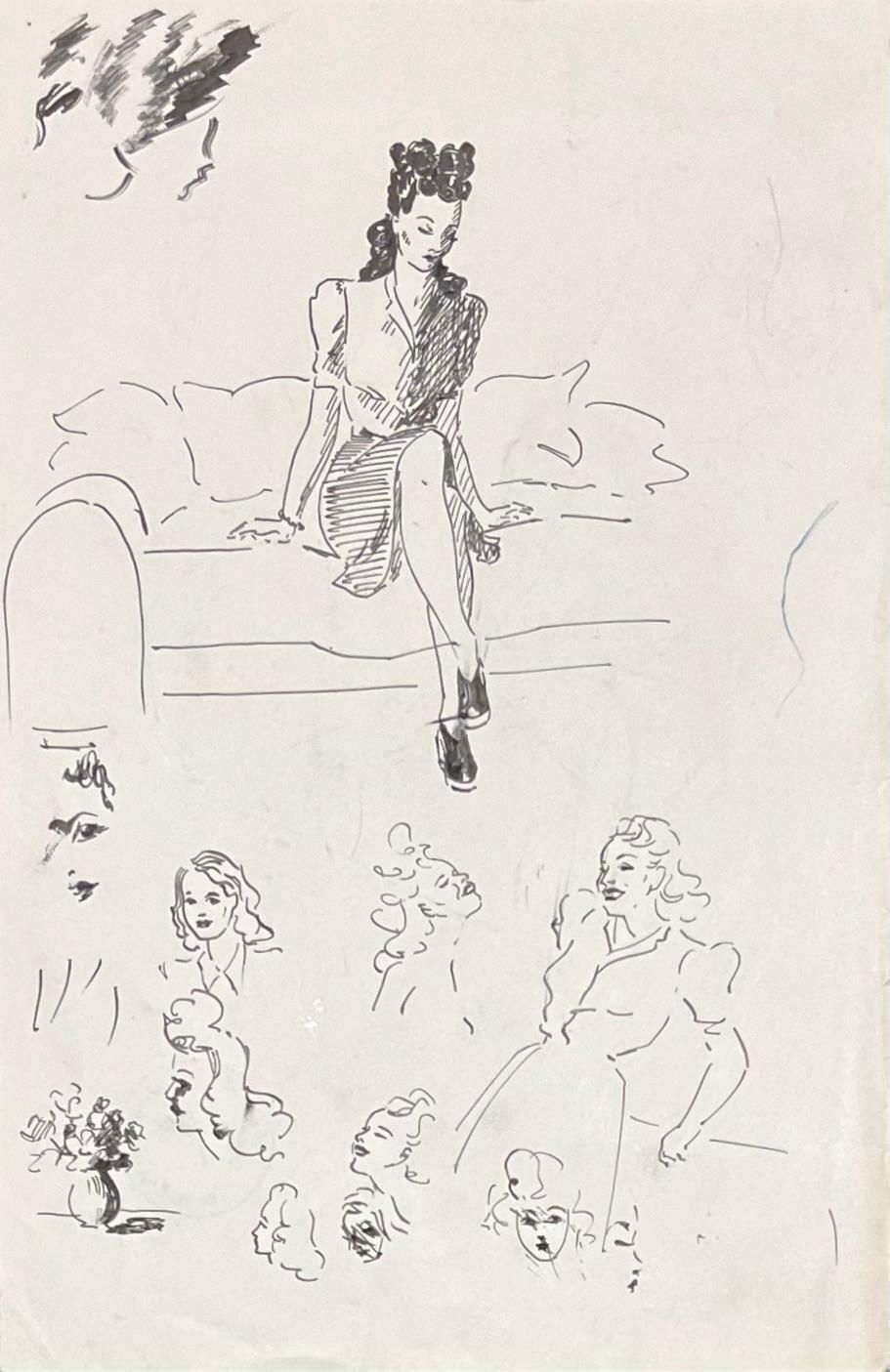 Josine Vignonmid Century French Elegant Ink Drawing Of Various Female Portrait Sketches1950's