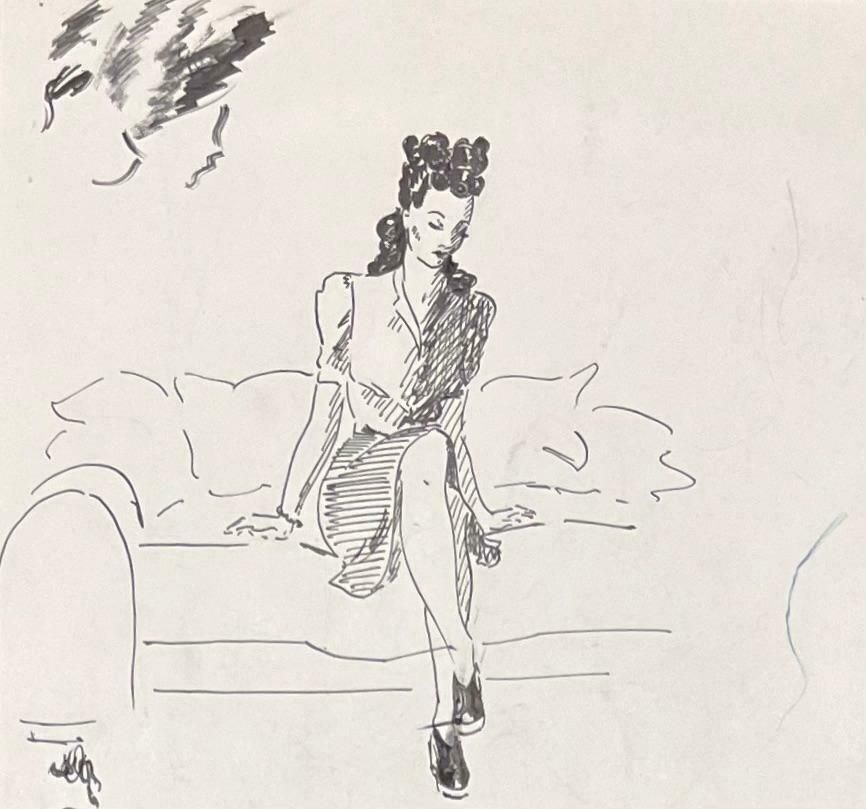 Josine Vignonmid Century French Elegant Ink Drawing Of Various Female Portrait Sketches1950's photo for sale