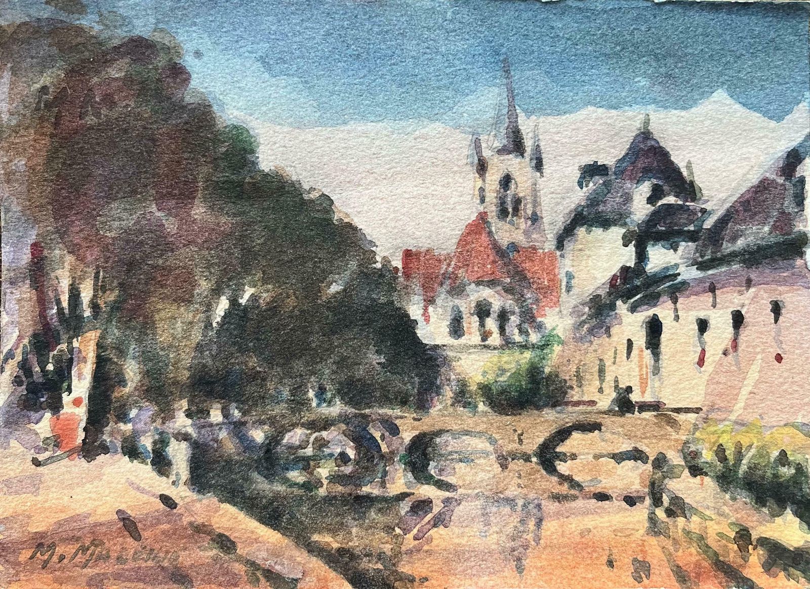 Maurice Mazeiliefrench Impressionist Watercolor Of Saint étienne Du Mont Church In Paris20th Century