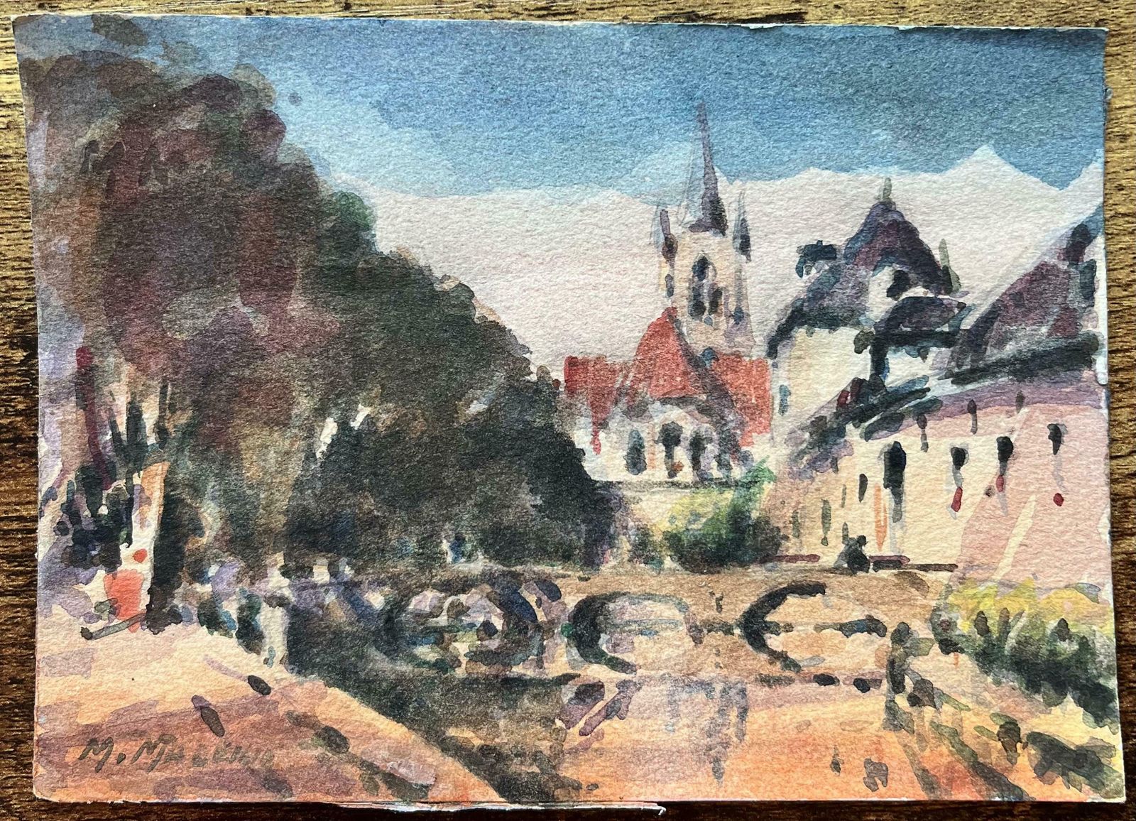 Maurice Mazeiliefrench Impressionist Watercolor Of Saint étienne Du Mont Church In Paris20th Century photo for sale