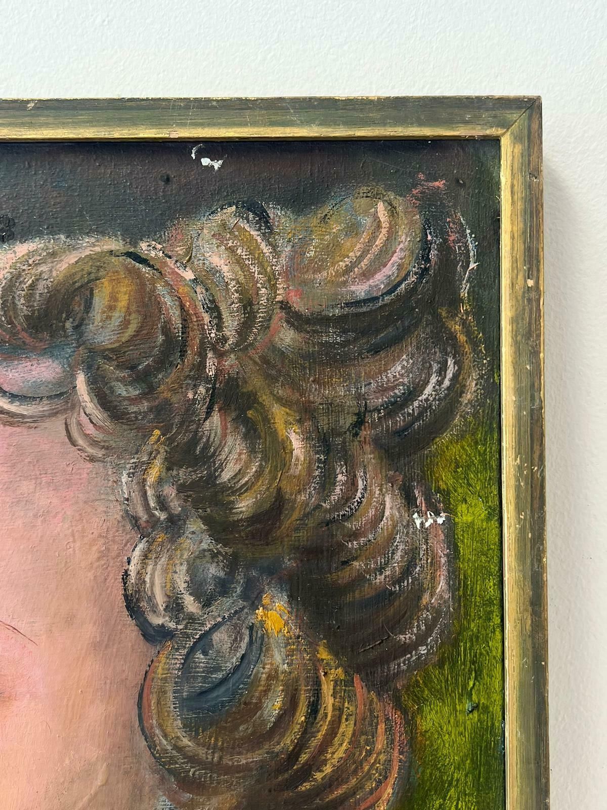 T. Fabris20th Century French Modernist Signed Oil Painting Portrait Of Young Girl Green1970's photo for sale