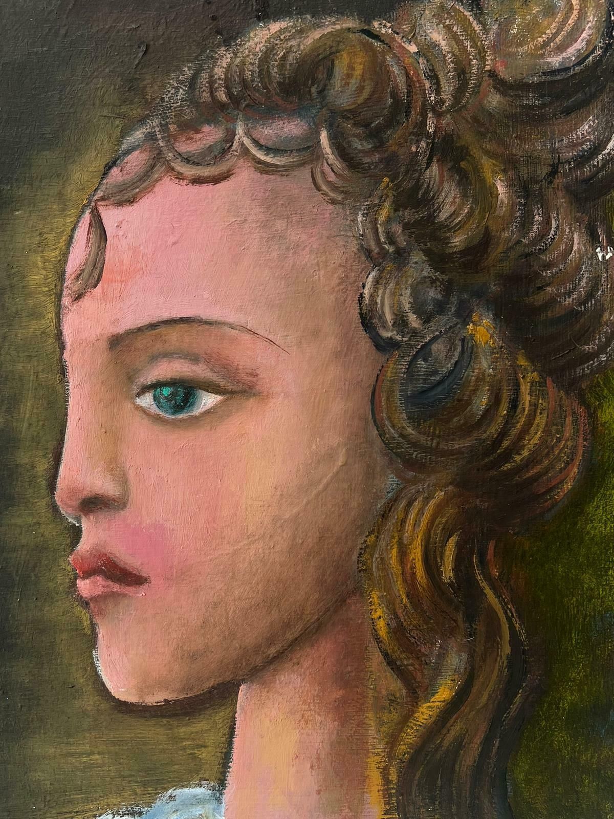 T. Fabris20th Century French Modernist Signed Oil Painting Portrait Of Young Girl Green1970's photo vinterior