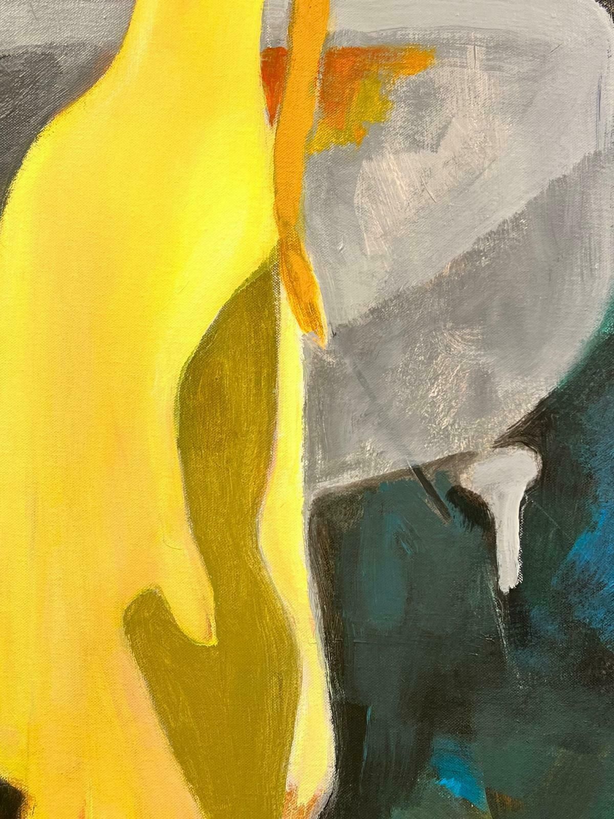 French School Large French Modernist Painting Girl In Yellow Dress Next To Grand Piano photo for sale