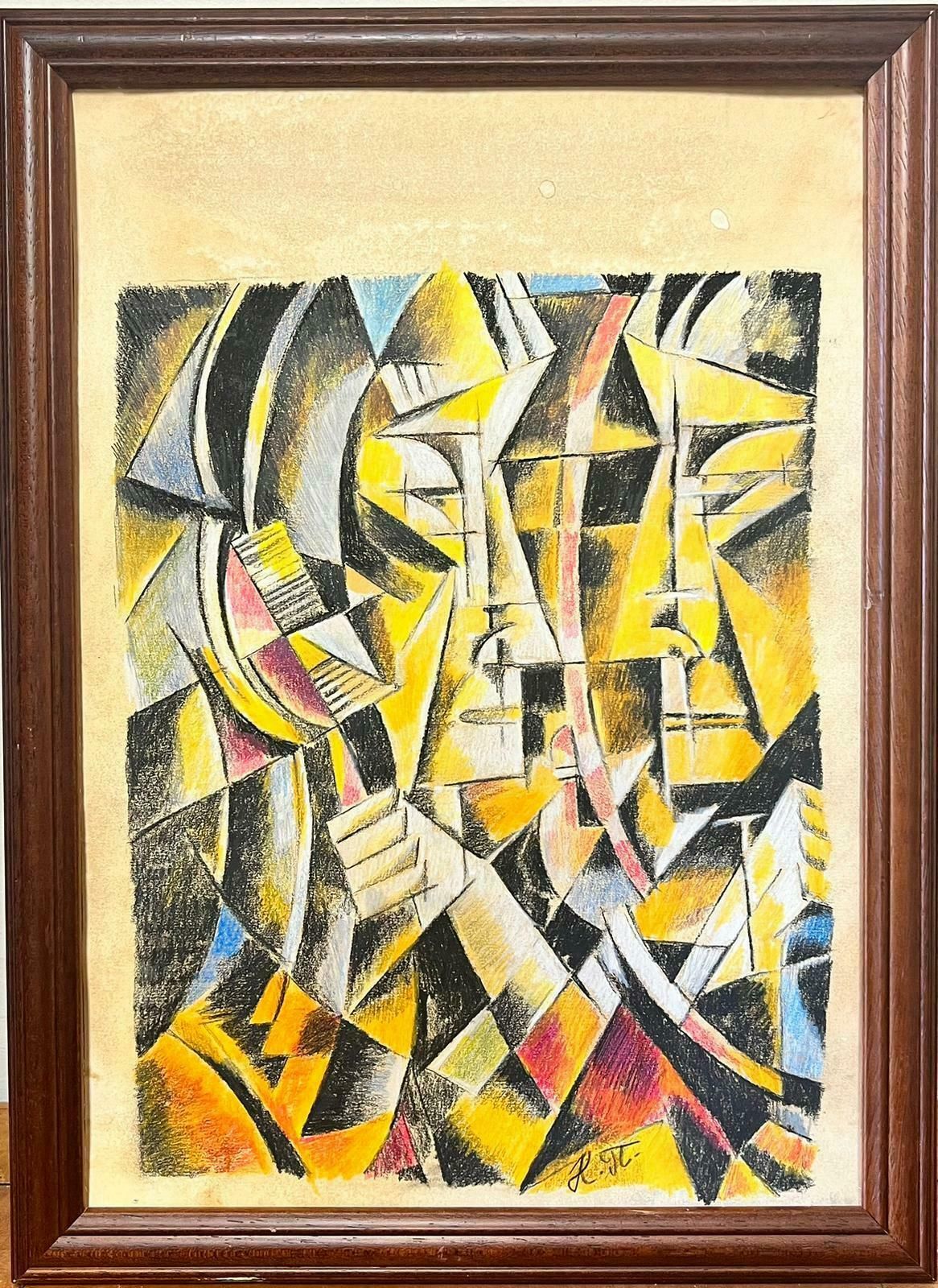 Continental Schoolcubist Portrait Figures Yellow Abstract Original Painting photo furniture