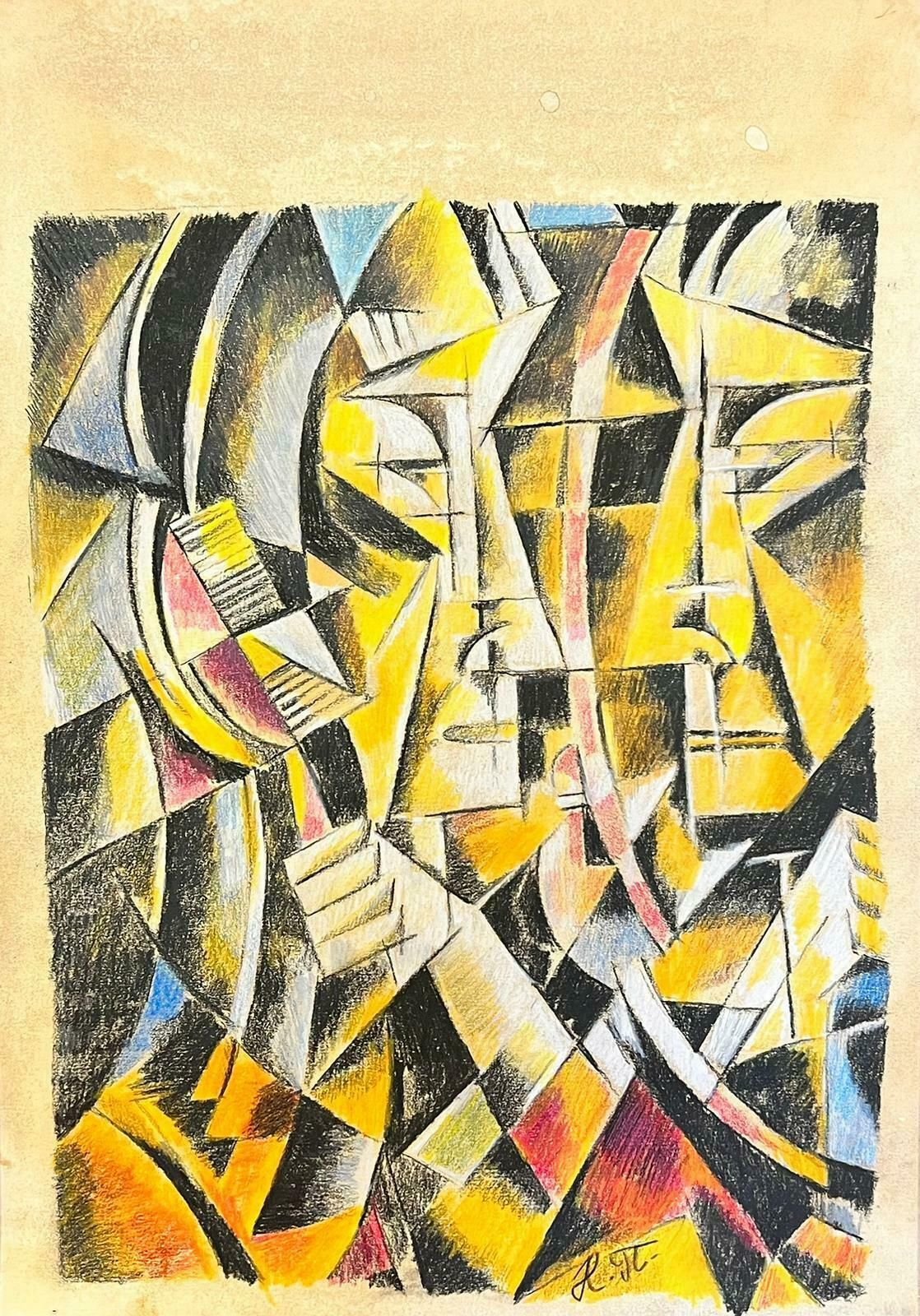 Continental Schoolcubist Portrait Figures Yellow Abstract Original Painting photo for sale