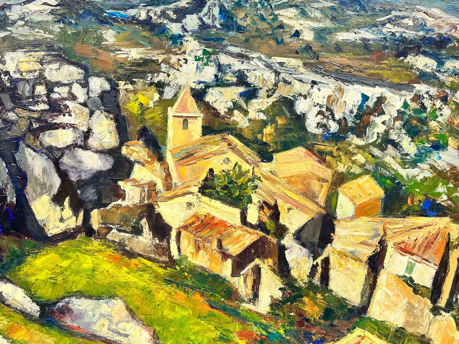 Josine Vignonhuge 1960s Post Impressionist Oil Catalan Spanish Mountain Range Hilltop Village1960's photo for sale