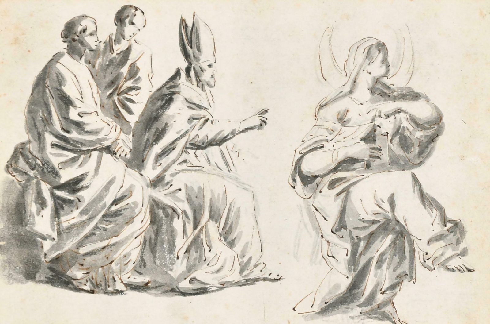 1600’s Flemish Old Master Ink Wash Drawing Biblical Figures Group On Paper