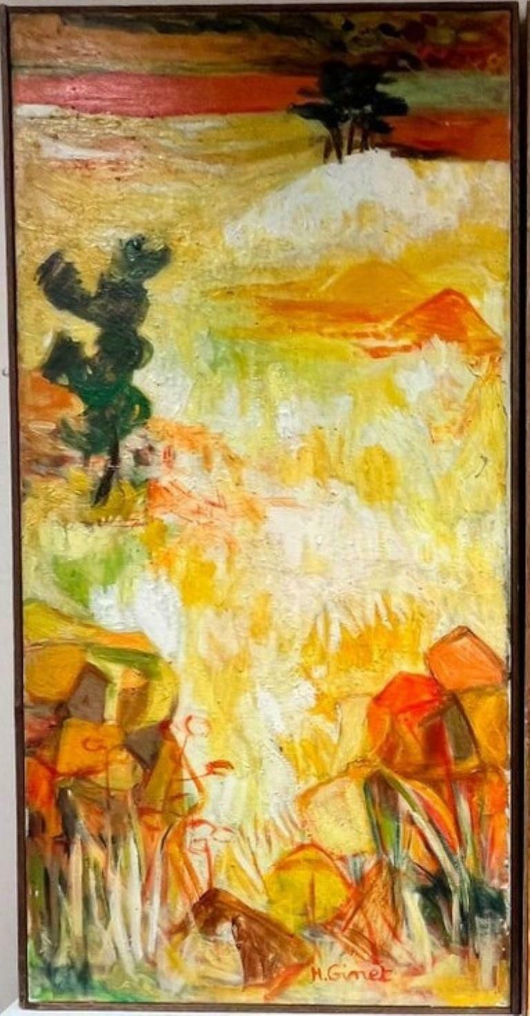 Huguette Ginet Lasnier Large French Contemporary Signed Oil Sun Scorched Provence Landscape C. 2000's