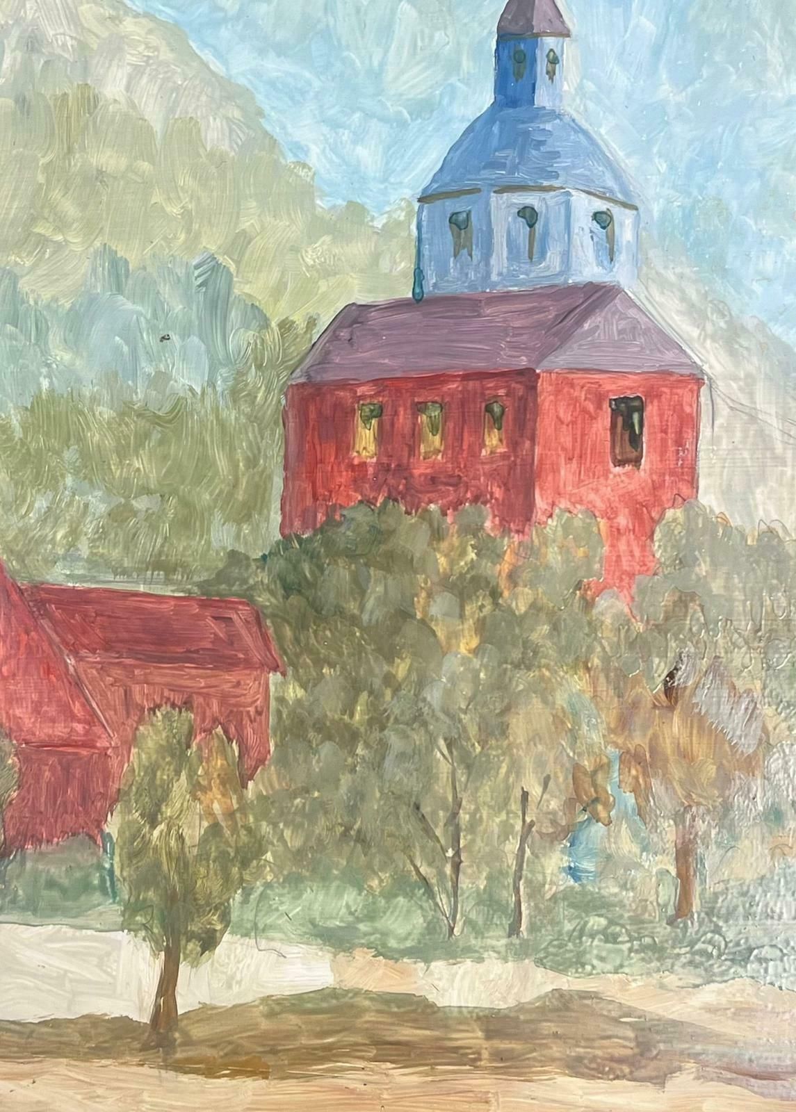 Bernard Labbe1950's French Modernist Oil Painting Red Church Towers In Tree Landscape1950's photo furniture