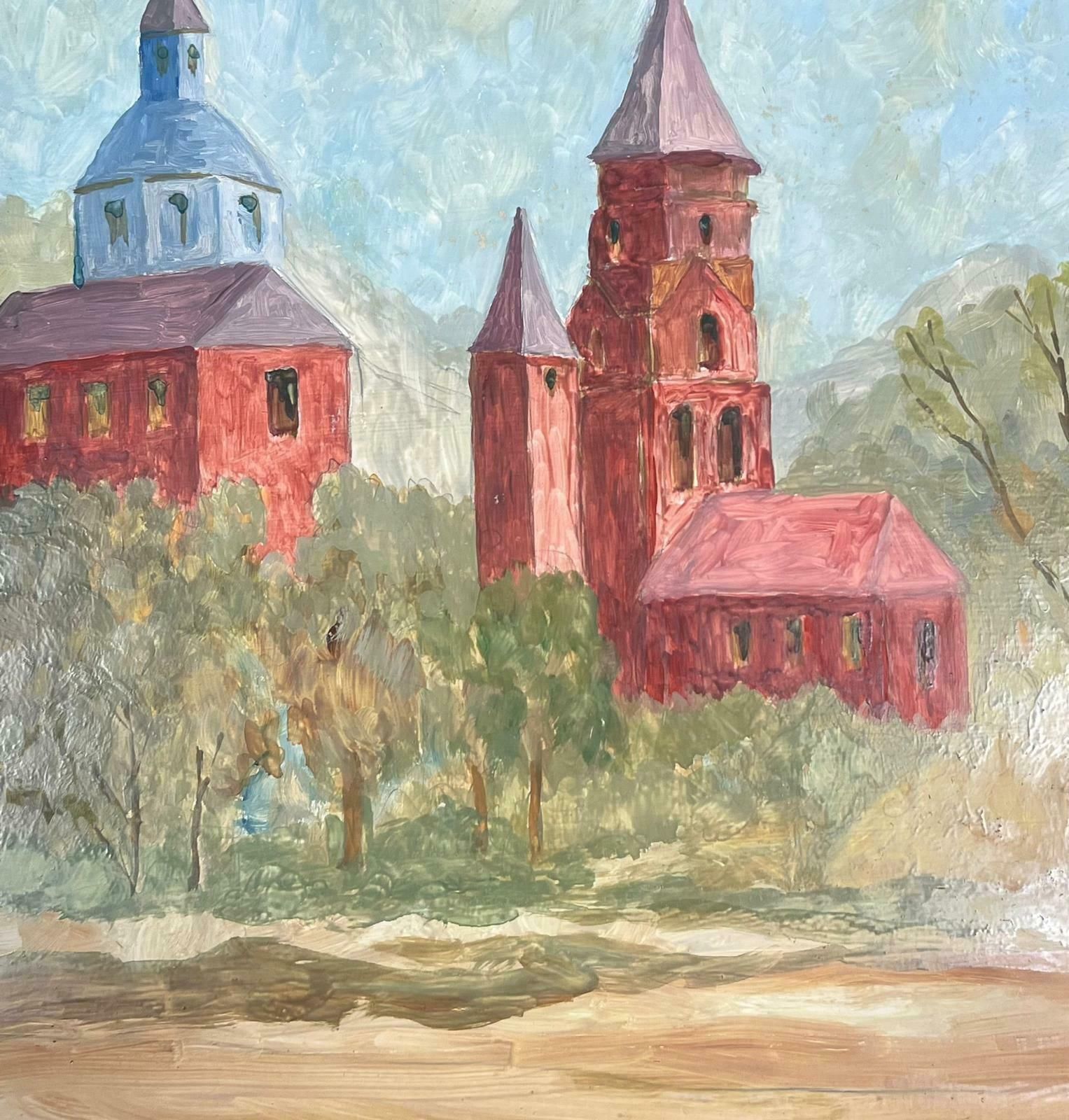 Bernard Labbe1950's French Modernist Oil Painting Red Church Towers In Tree Landscape1950's photo for sale