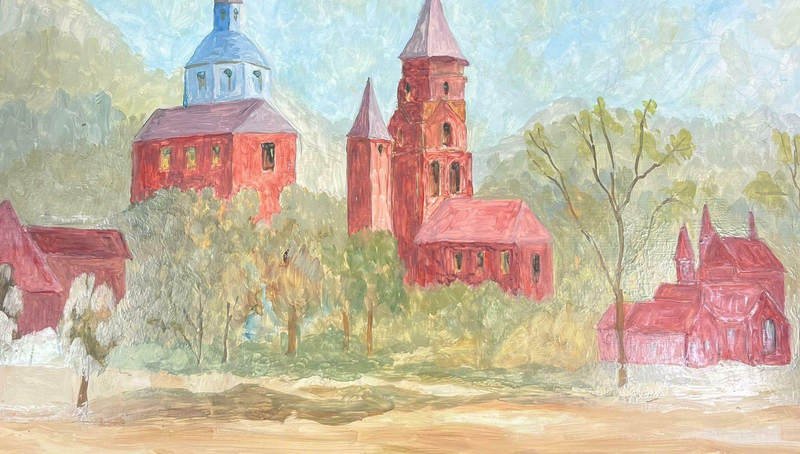 Bernard Labbe1950's French Modernist Oil Painting Red Church Towers In Tree Landscape1950's photo 816.0
