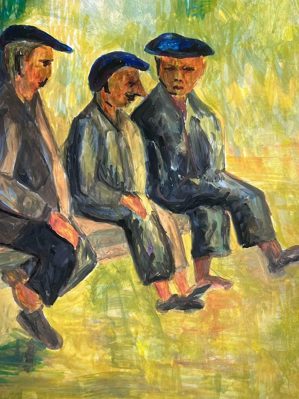 Bernard Labbe20th Century French Modernist Painting Three Men In Black Beret's On Bench1970's photo furniture