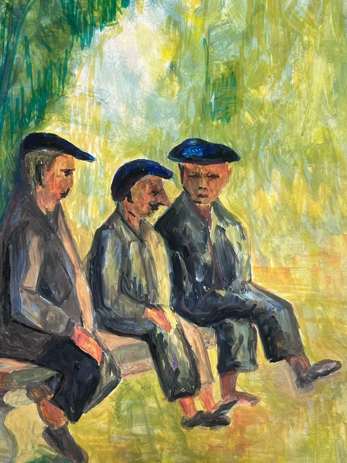 Bernard Labbe20th Century French Modernist Painting Three Men In Black Beret's On Bench1970's photo Art