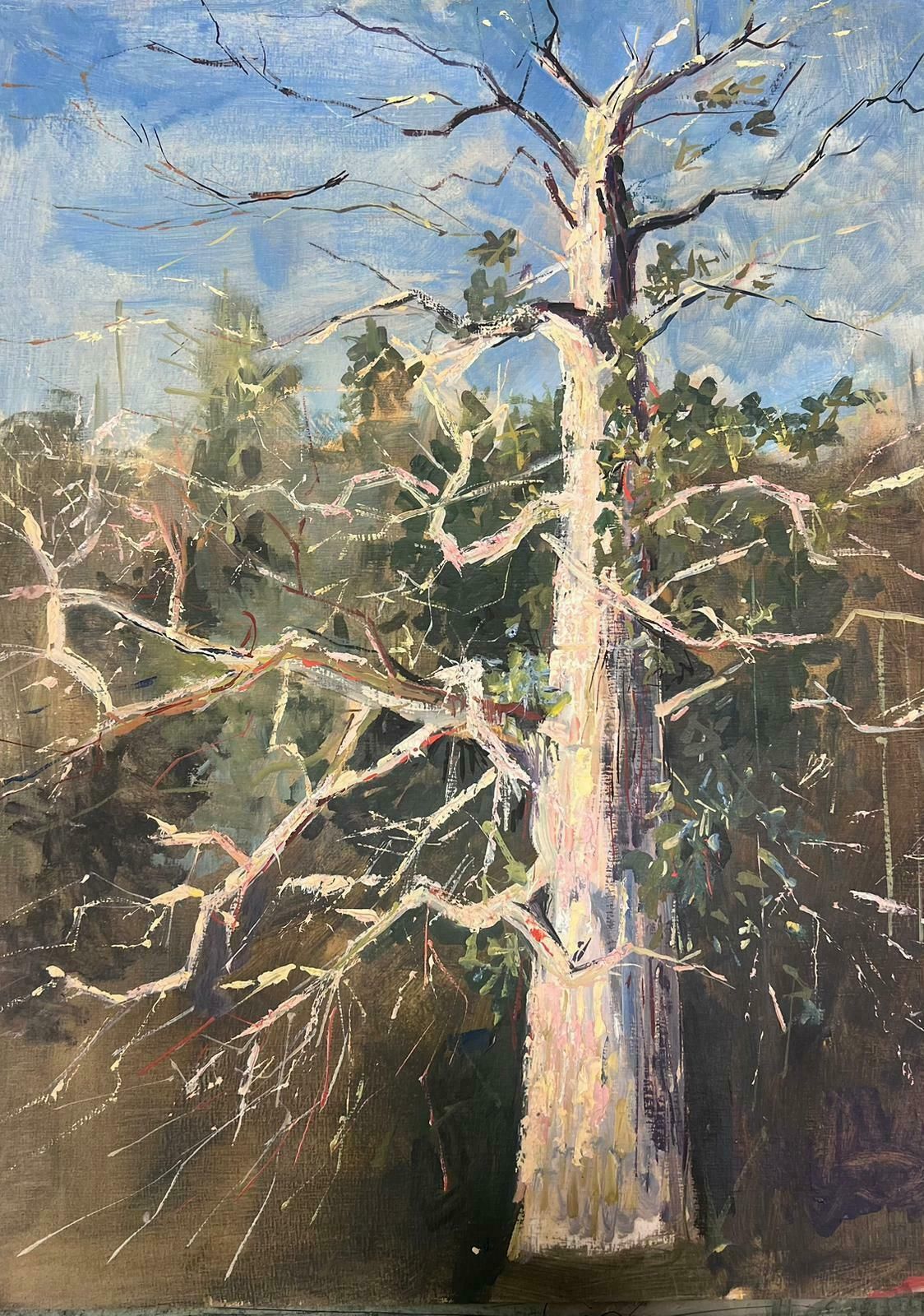 Bernard Labbe20th Century Modernist Painting Bare Tall Tree Over River Bank Landscape1950's photo furniture