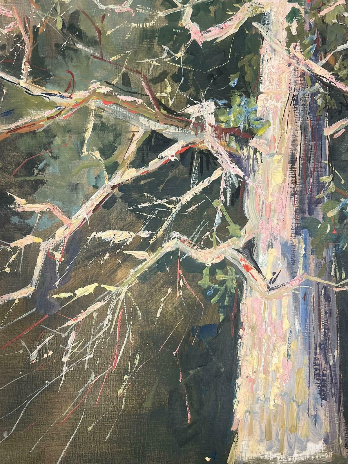 Bernard Labbe20th Century Modernist Painting Bare Tall Tree Over River Bank Landscape1950's photo for sale