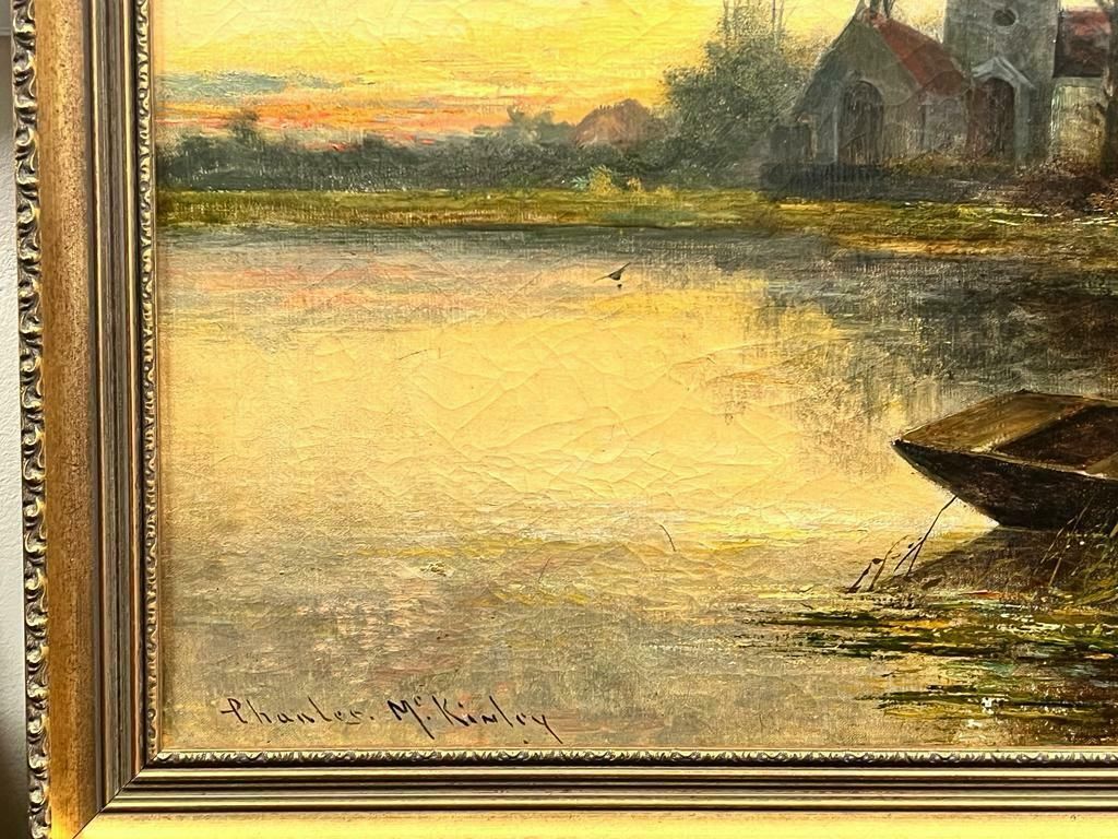 Charles M.C Kinleyantique English Signed Oil Sunset River Landscape Boat Old Church & Buildings photo for sale