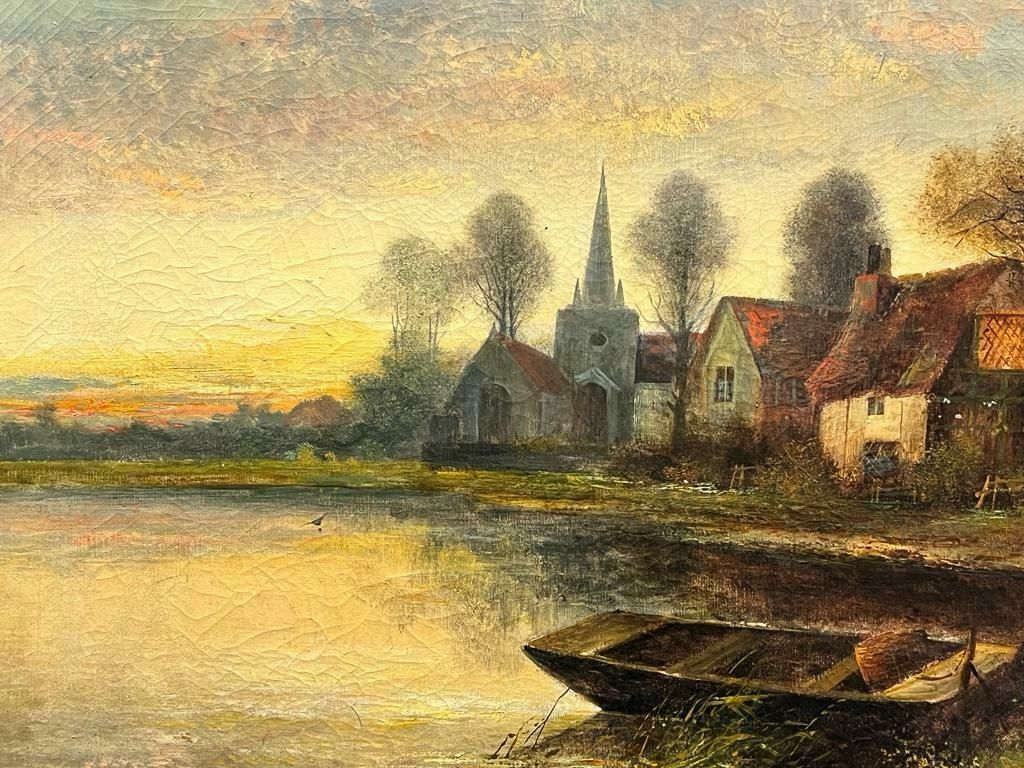 Charles M.C Kinleyantique English Signed Oil Sunset River Landscape Boat Old Church & Buildings photo Art