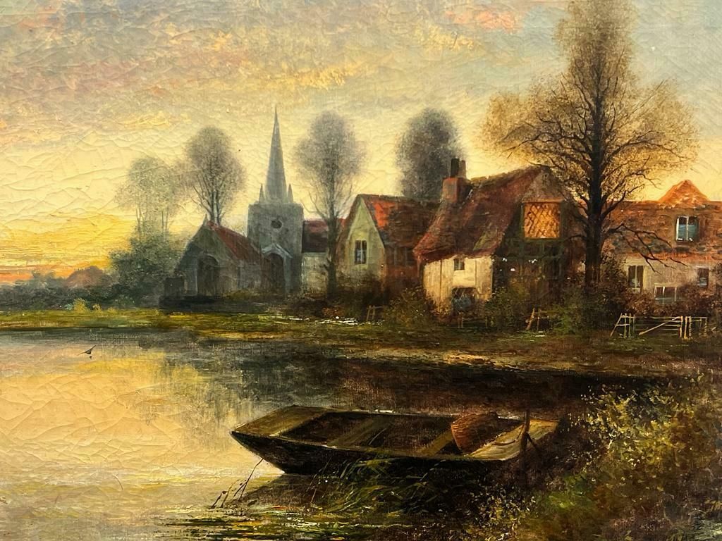 Charles M.C Kinleyantique English Signed Oil Sunset River Landscape Boat Old Church & Buildings photo 1224.0