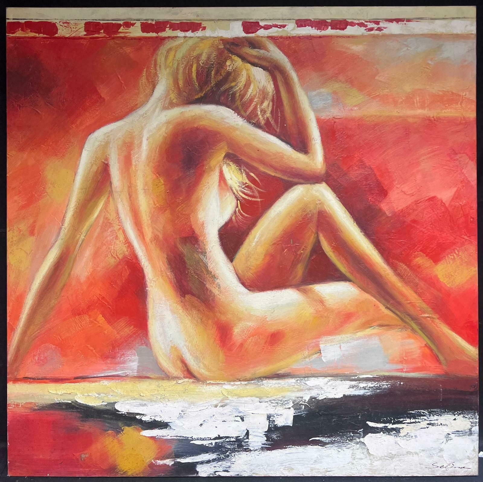 European Artisthuge Contemporary Oil Painting Nude Lady Against Red Background Signed photo furniture