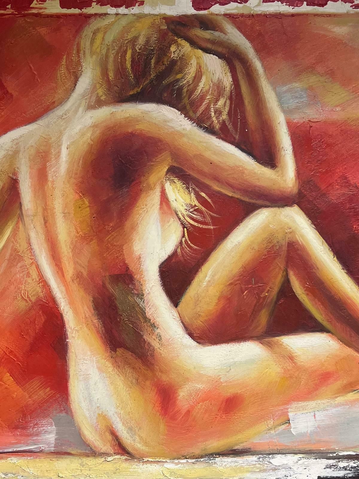 European Artisthuge Contemporary Oil Painting Nude Lady Against Red Background Signed photo buy
