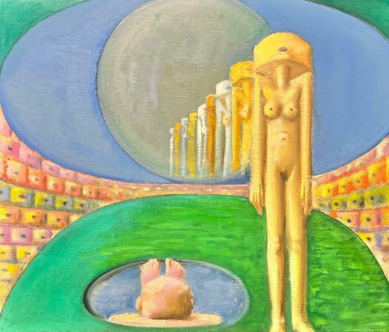 T. Fabris1980’s French Surrealist Huge Oil Painting Nude Sculpture In Green Landscape 1980’s