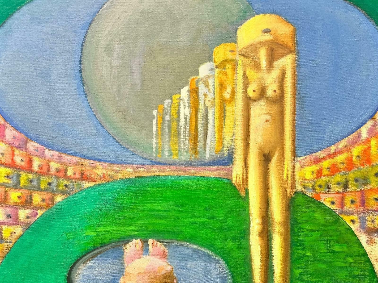 T. Fabris1980’s French Surrealist Huge Oil Painting Nude Sculpture In Green Landscape 1980’s photo for sale