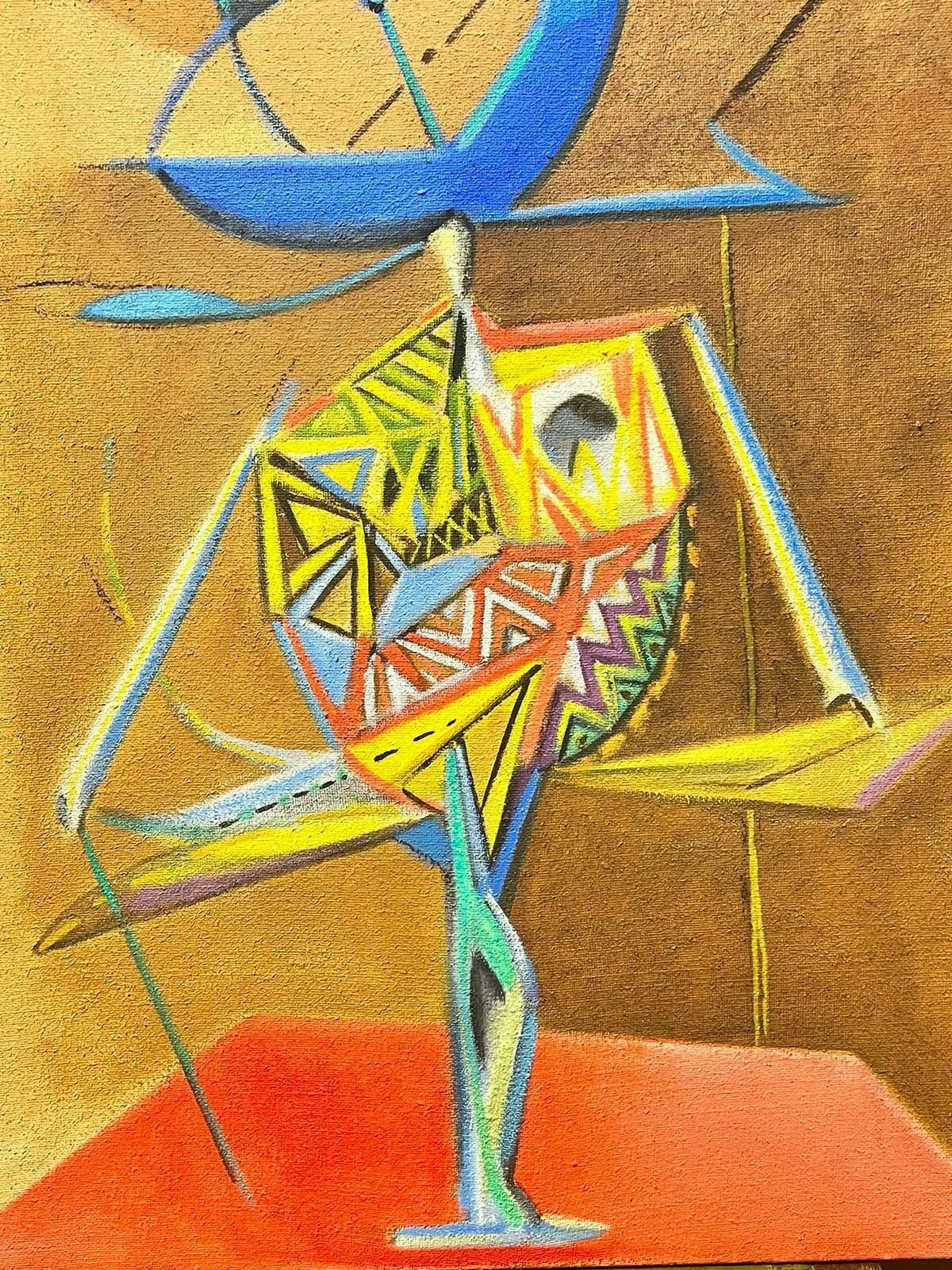 T. Fabris1980’s French Surrealist Oil Painting Abstract Figurative Composition 1989 photo furniture
