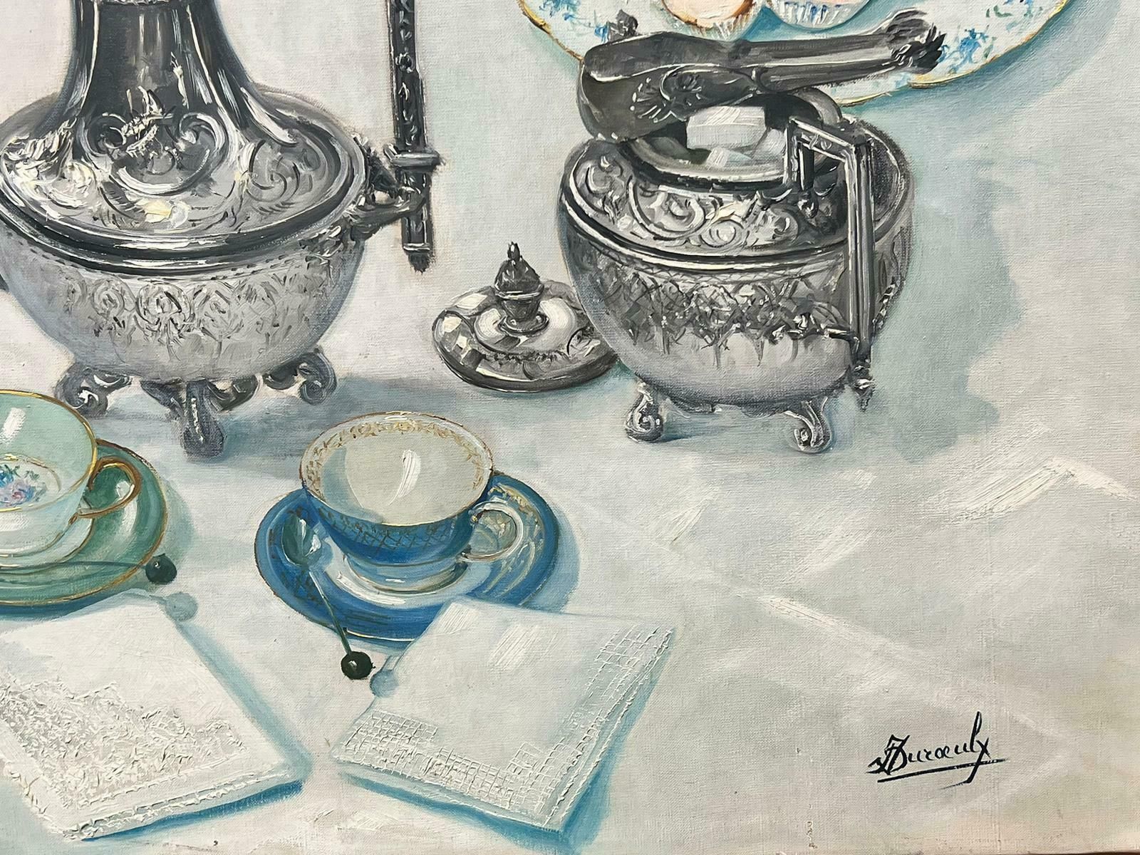 French Schoolmid Century French Oil Painting Fine Silver & China Tea Table Interior Signed photo for sale